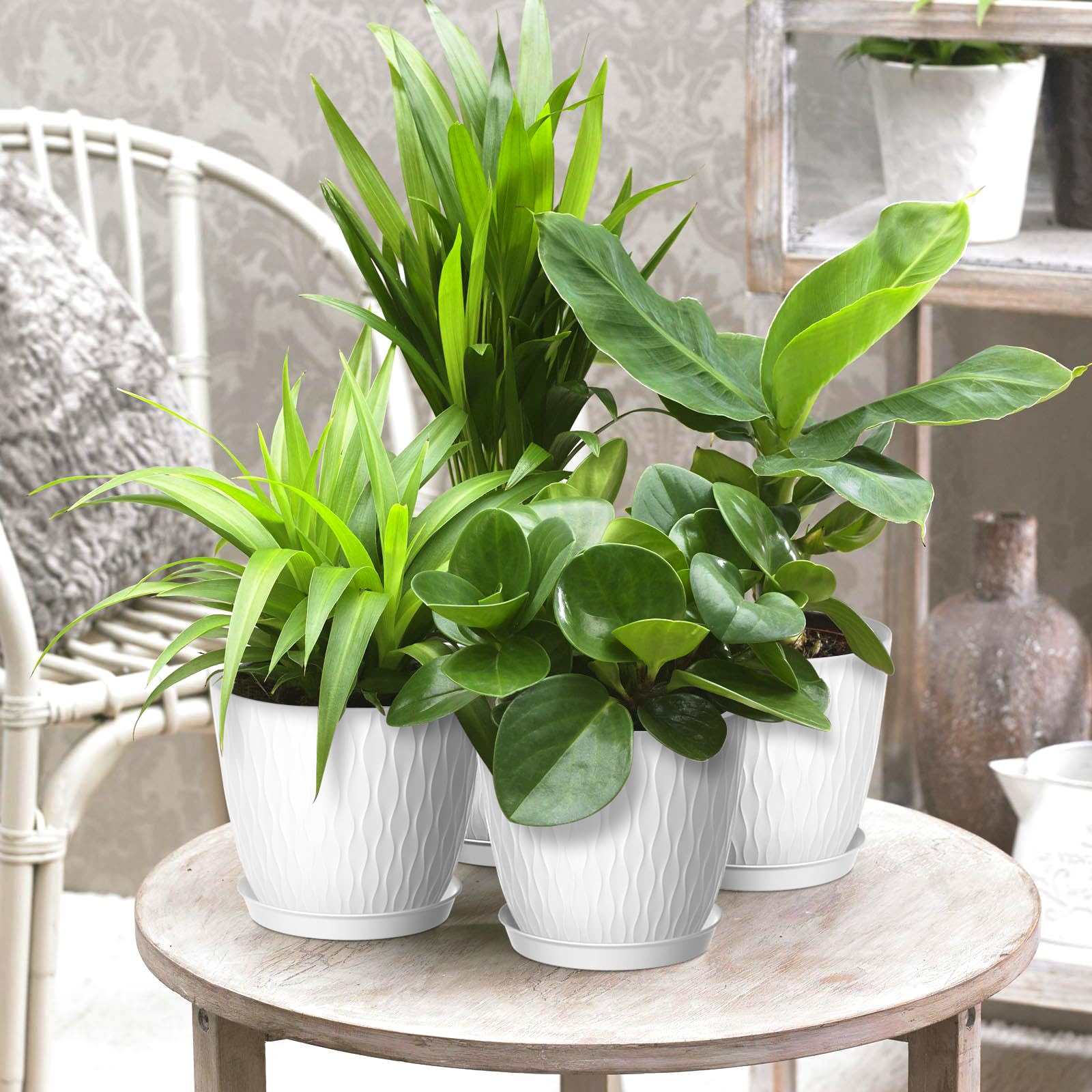 Homeuouz Plastic Plant Pots Indoor, 5 Pack 15cm Stripe Grooves Flower Pots with Drainage Holes and Tray - Image 2