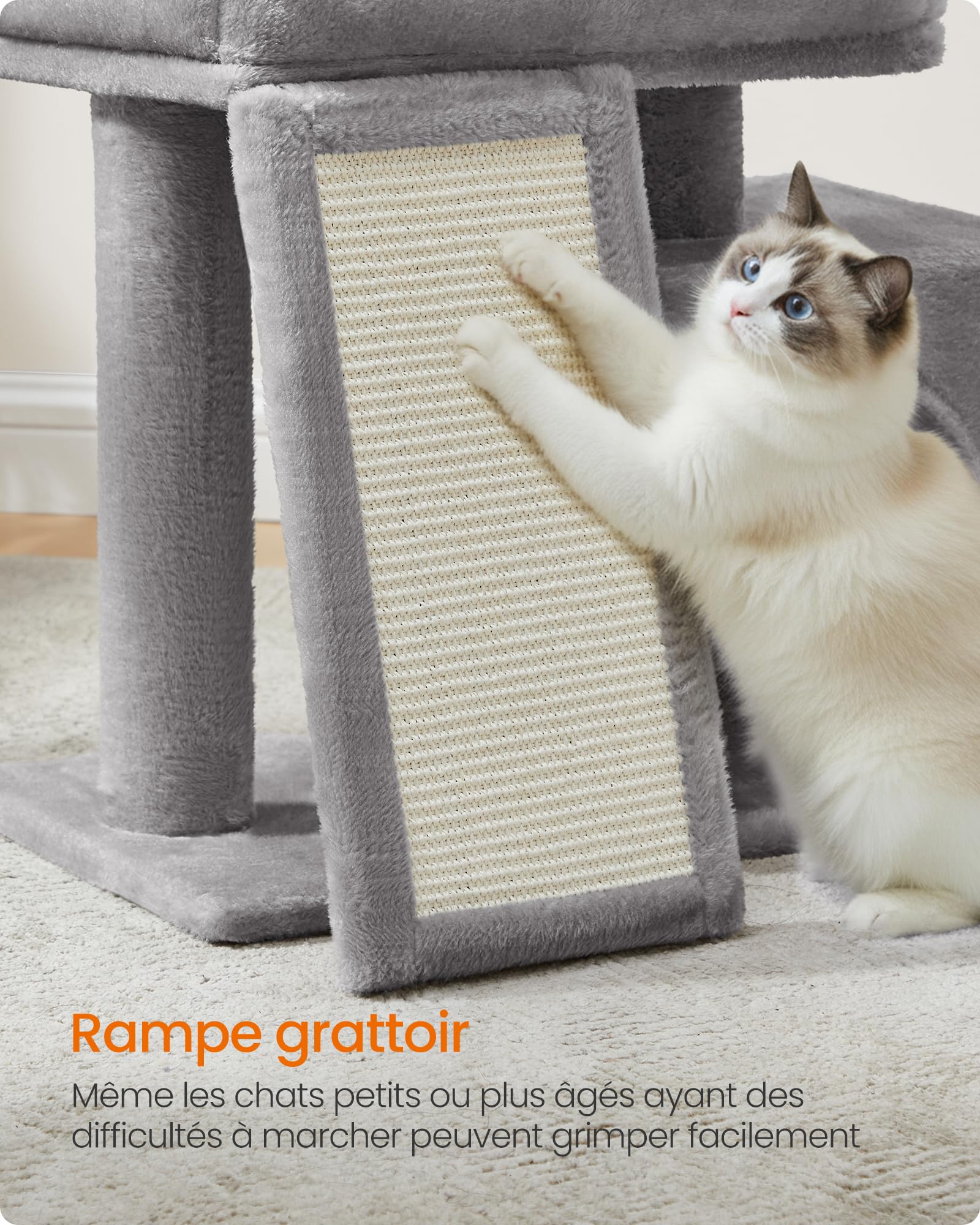Feandrea Arbre à Chat, Tour de Jeu pour Chats, Condo avec Rampe à Griffer, Grande Plateforme Supérieure, Niche, Hauteur 44,6 cm, Gris Tourterelle PCT010GD01