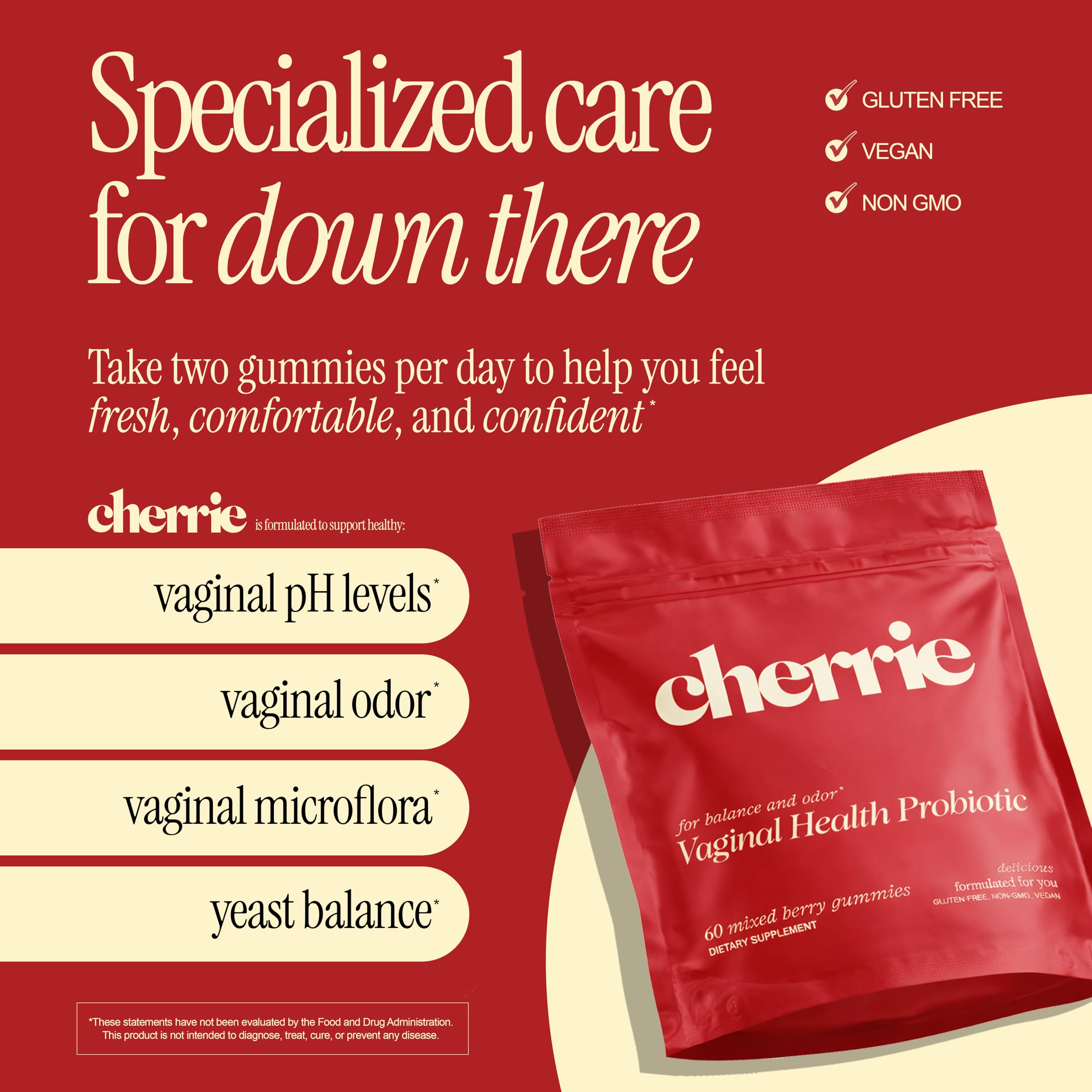 CHERRIE Vaginal Probiotic Gummies for Women, Balanced pH, Healthy Odor, Yeast Balance & Flora Support, Bloating Relief, Gut Health, Mixed Berry Flavor, 60 Count