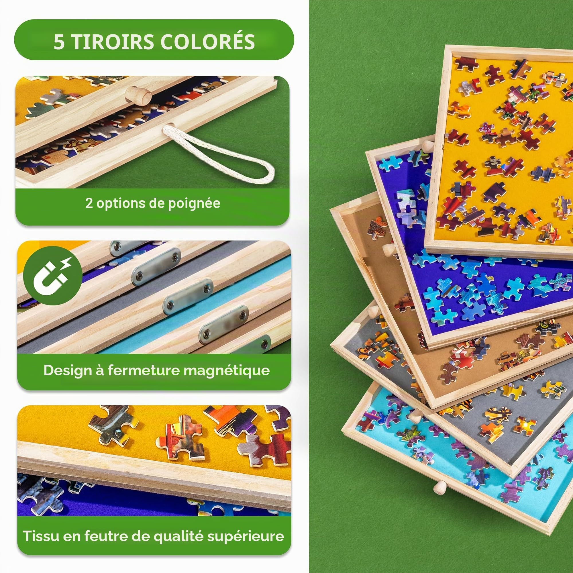 Tektalk Planche de puzzle 2 en 1 inclinable et rotative avec 5 tiroirs colorés, table de puzzle portable pour adultes, plateau de puzzle pivotant en bois avec Lazy Susan et couvercle, jusqu'à 1500
