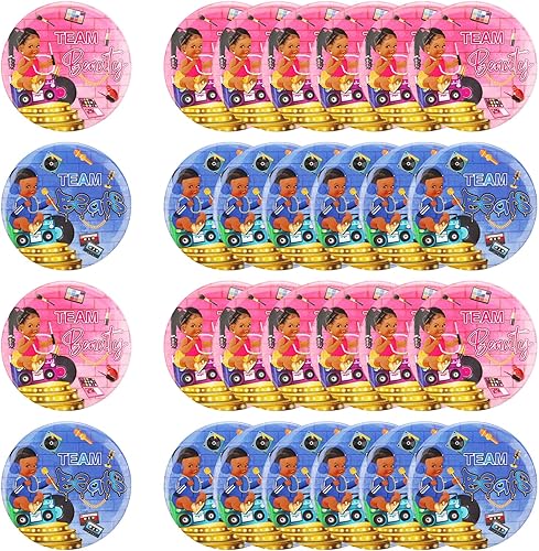 Serencatcher 24 piezas de decoraciones de revelación de género de Beauty or Beats, pines de botón de equipo niño o niña, pines de botón de hip hop