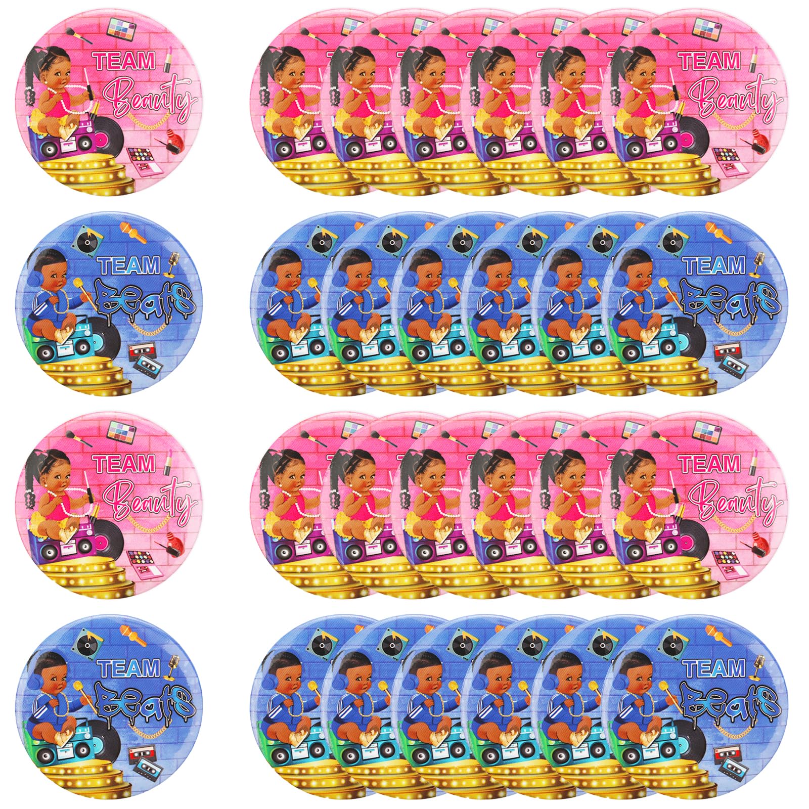 Serencatcher 24Pcs Beauty or Beats Gender Reveal Decorations, Team He or She Button Pins, Hip Hop Button Pins Include Pink Blue for 80s 90s Retro