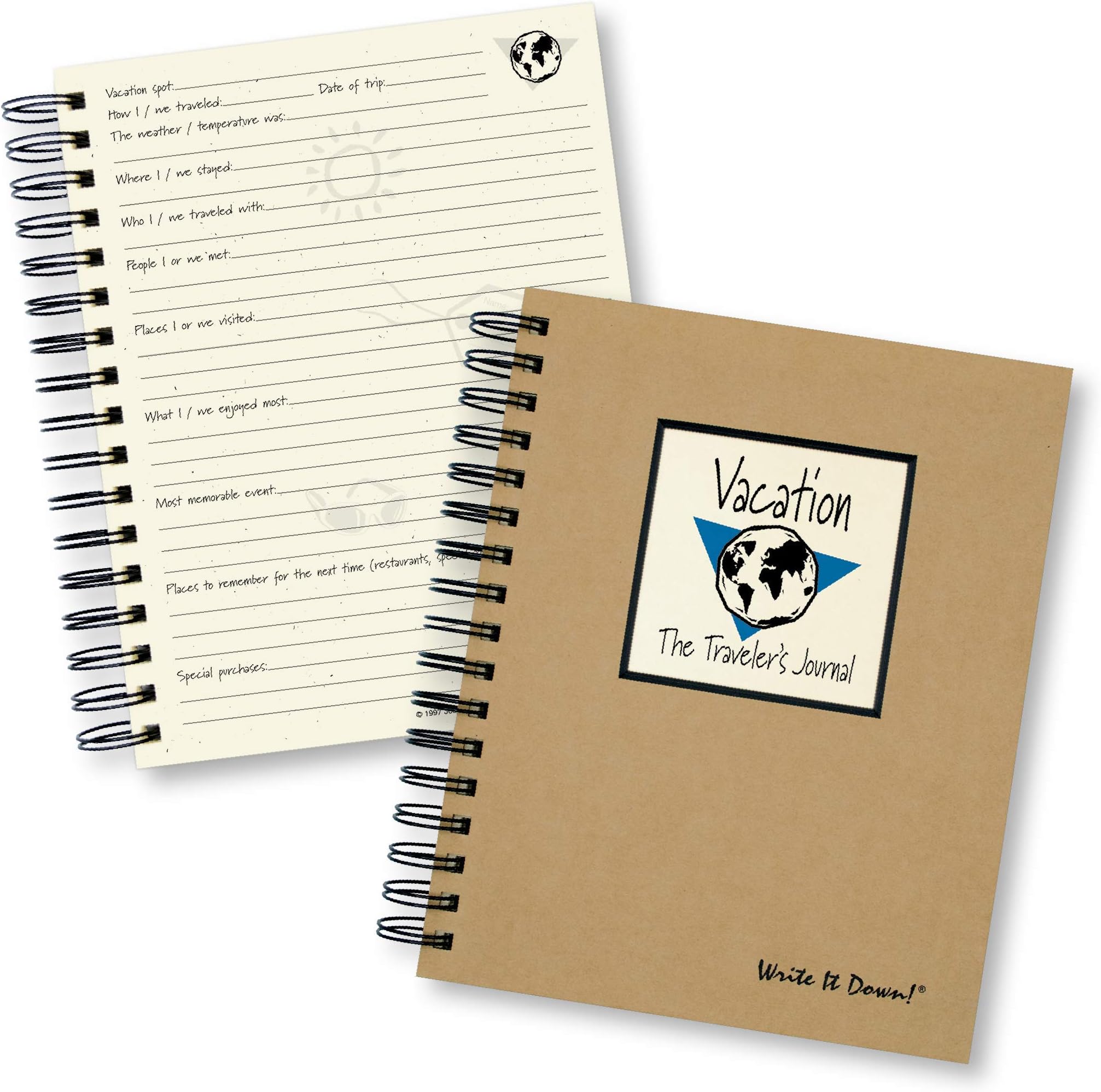 Write it Down series by Journals Unlimited, Guided Journal, Vacation, The Traveler's Journal, Full-size 7.5"x 9", Kraft Hard Cover, Made in USA