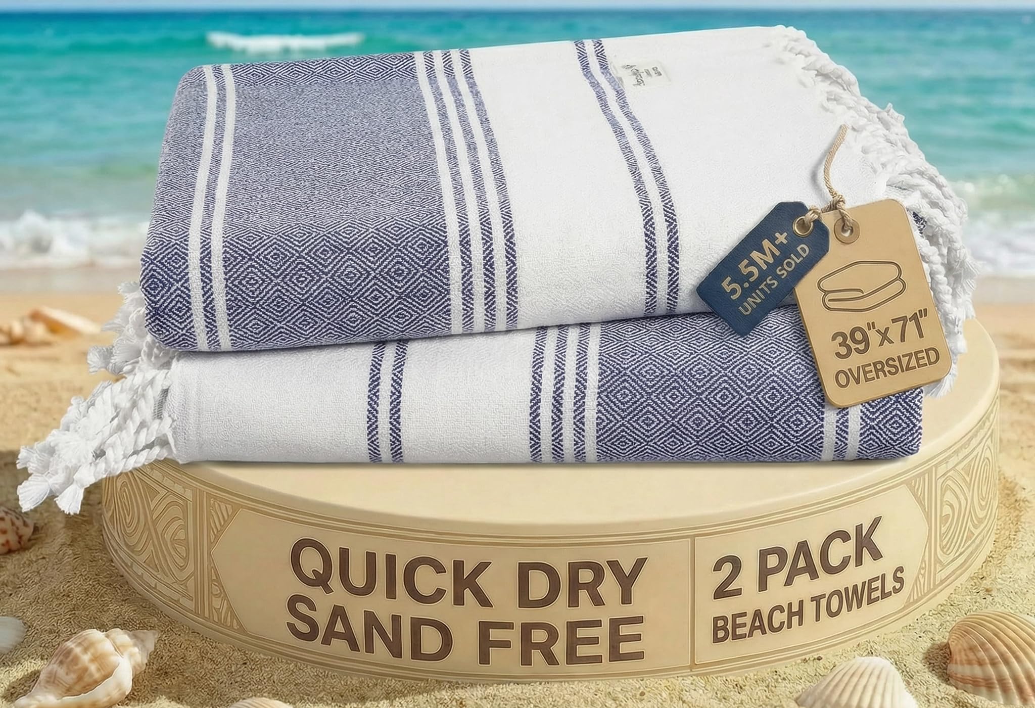 LANE LINEN Beach Towel 2 Pack - Cotton Rich Beach Towels Oversized, Pre-Washed Large Beach Towels, Sandless Beach Towel, Quick Dry Travel Towel, Large Pool Towels, 39"x71" - Navy Blazer