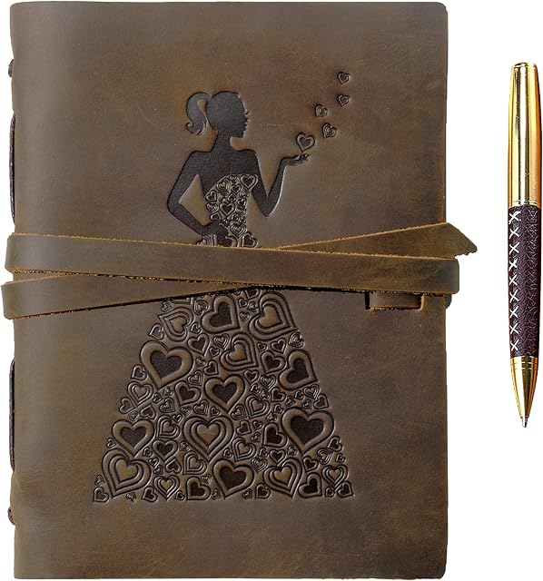 Genuine Leather Journal for Women To Write In | Travel Gift Notebook For Girls | Lady in Heart Dress of Hearts A5 Handmade Travel Diary | Antique Soft Vintage Writing Notebook 6x8 Unlined Paper + Pen