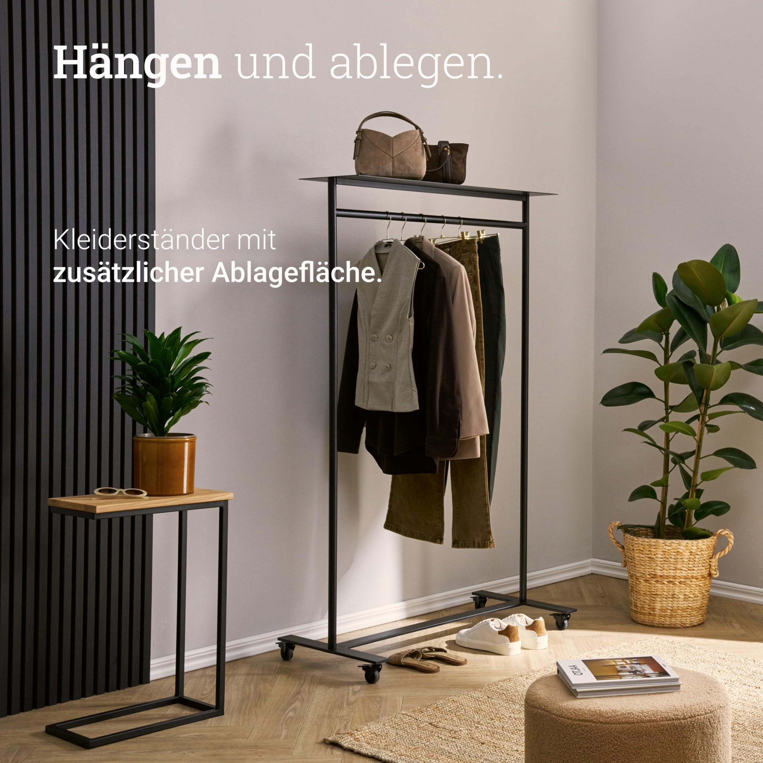 Natural Goods Berlin 1x Mobiler Kleiderständer MOVE-RAHMEN Mit Ablage - Garderobenständer Weiß 168x100cm - Kleiderständer Mit Rollen - Garderobenständer Metall - Mobile Kleiderstange Rollen