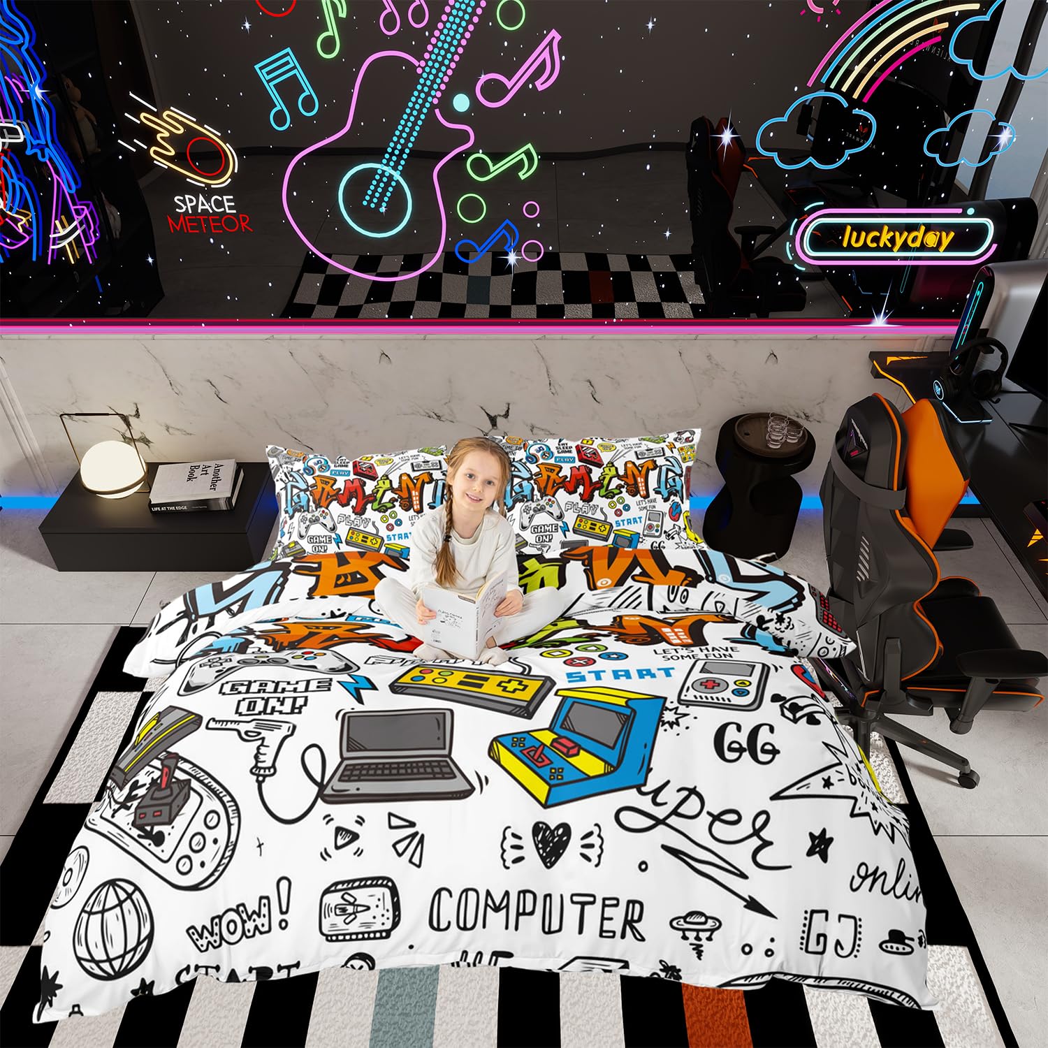 Juego de Ropa de Cama para Jugadores, Juego de Funda de edredón Multicolor con Graffiti y Control de Videojuegos, Juego de Funda de edredón para jóvenes, niños, Adolescentes y niños, decoración de ha OEKO-TEX STANDARD 100