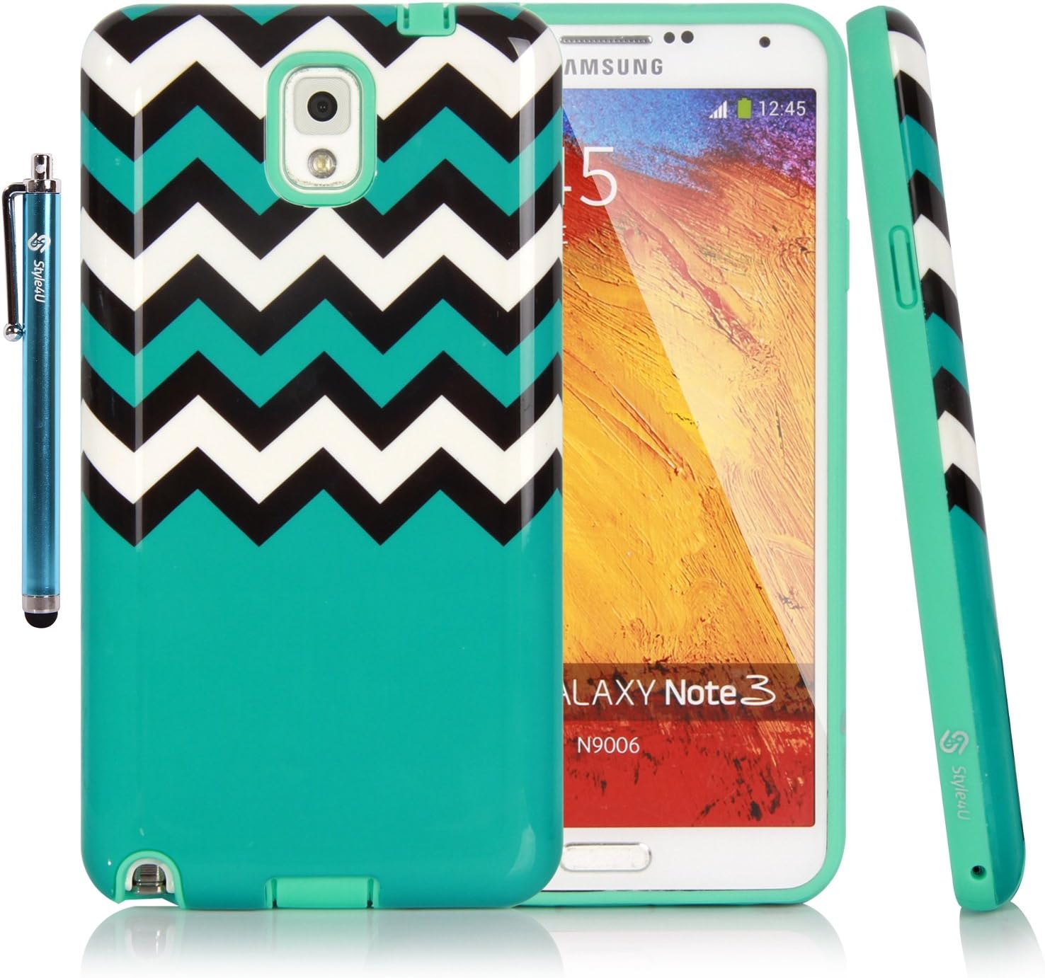 Note 3 Case, Style4U Galaxy Note 3 Chevron Design Slim Fit Hybrid Armor Case for Samsung Galaxy Note 3 N9000 N7200 (Verizon, AT&T Sprint, T-Mobile, Unlocked) with 1 Stylus and 1 HD Clear Screen Protector - Turquoise / Mint Green