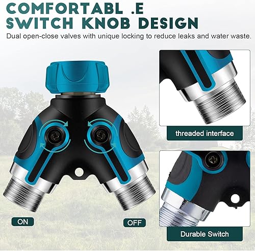 Miniatura 5 de Divisor de manguera de jardín, divisor de manguera de agua de metal resistente de 2 vías con válvulas de cierre, divisor en Y, conector de manguera