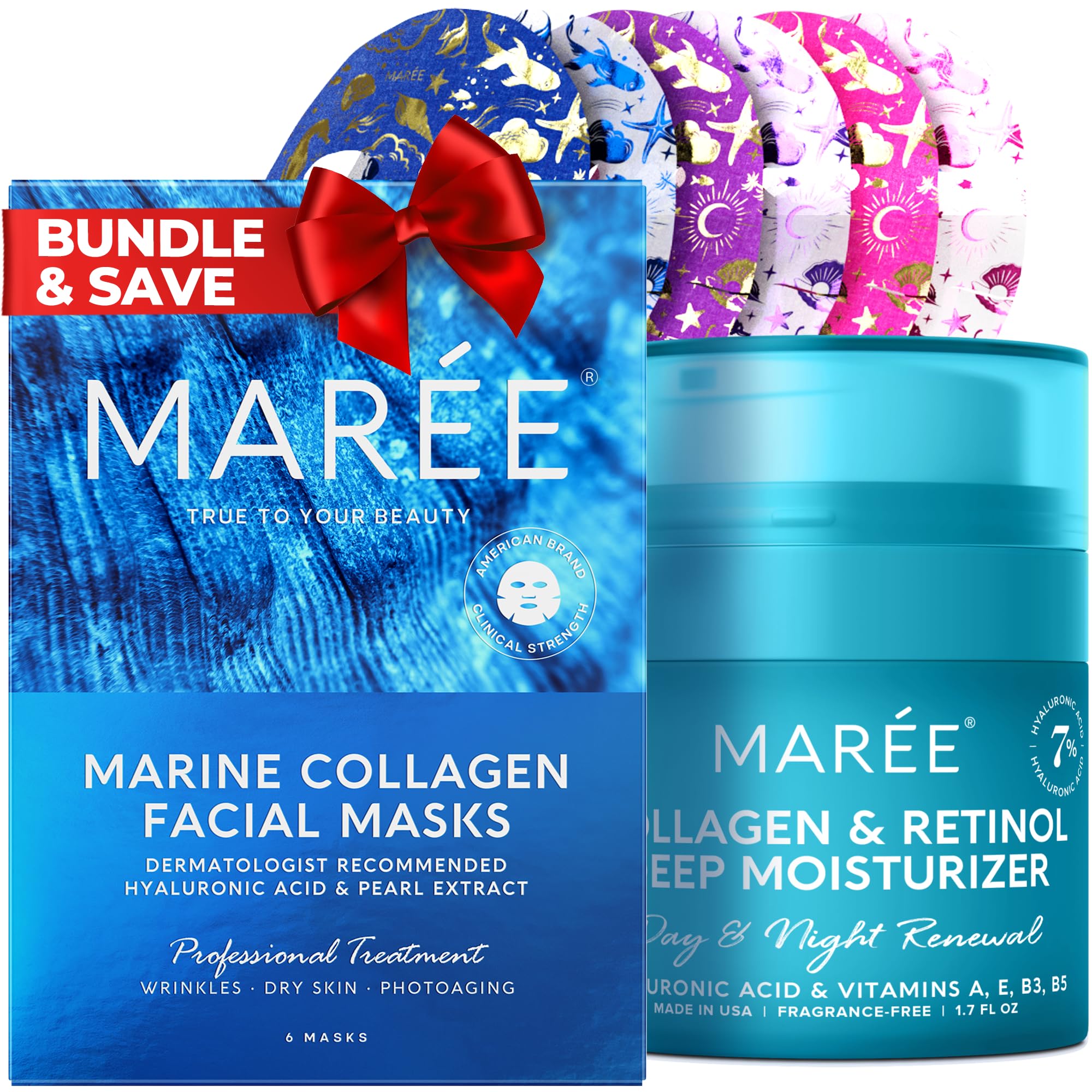MAREECollagen Boost Bundle - Sheet Moisturizing Masks & Face Moisturizer Cream - Collagen & Hyaluronic Acid, Retinol, Pearl Extract - Hydrating Skin Care Mask & Anti Aging Face Cream - 6 pack & 1.7oz