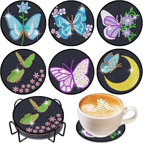 Vcekract Posavasos de pintura de diamante, 6 posavasos de pintura de diamante de mariposa con soporte, kits de arte de diamantes para adultos
