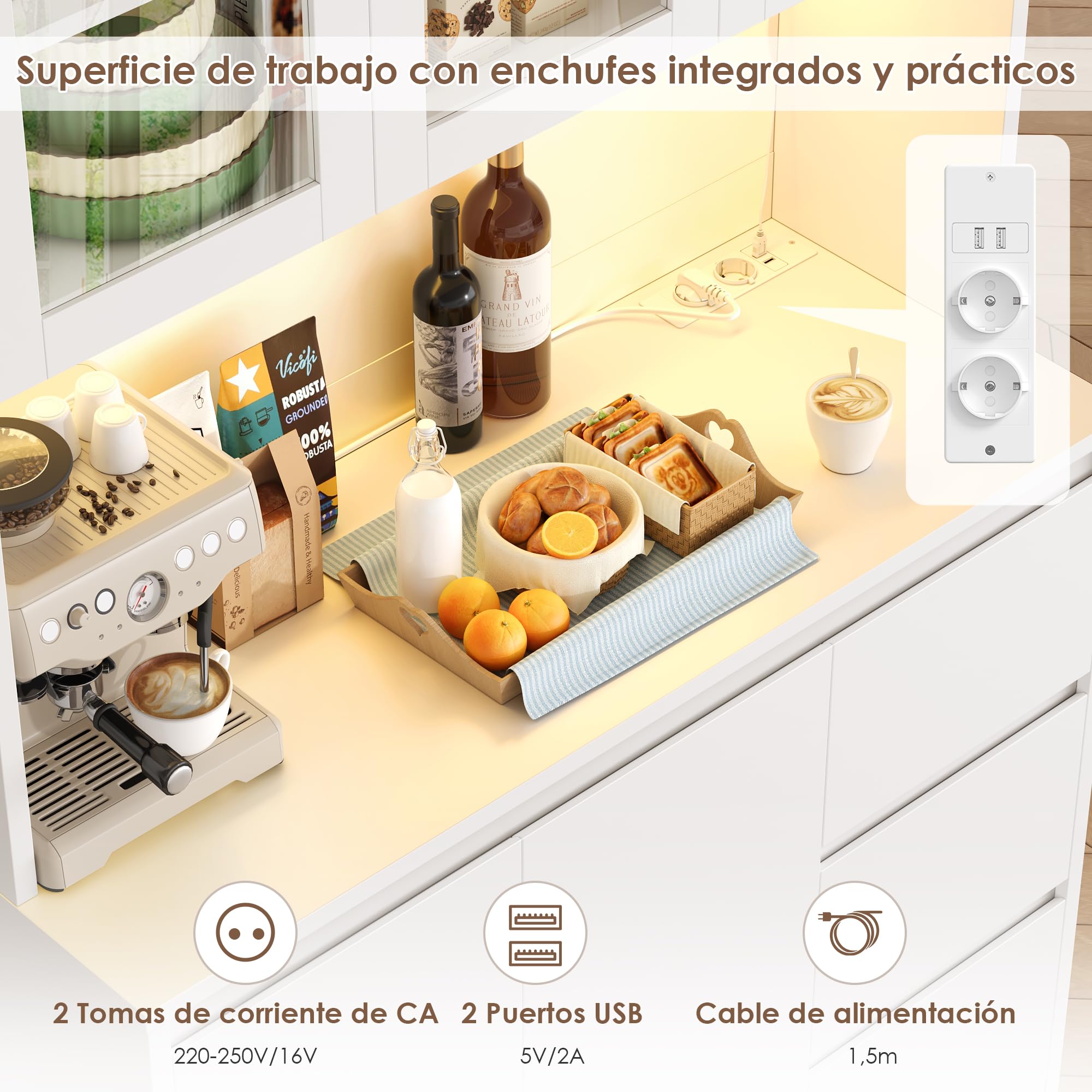 FirFurd Alacena Cocina Grande con 5 Puertas, Luces LED, Enchufe Integrado | Armario de Cocina con Encimera para Microondas, 3 Cajones, Estantes Ajustables, Comedor y Salón 100An.x39F.x180Al. cm Blanco