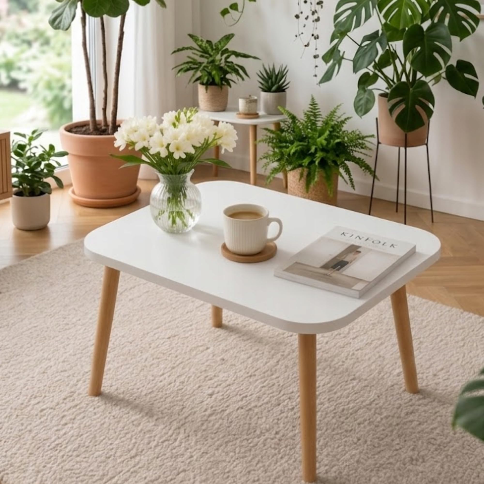PlayPals Couchtisch Weiss Rechteckig 70x50 cm – Skandinavischer Wohnzimmertisch Holzbeine, Sofatisch Modern, Beistelltisch Holz MDF, Tisch Wohnzimmer