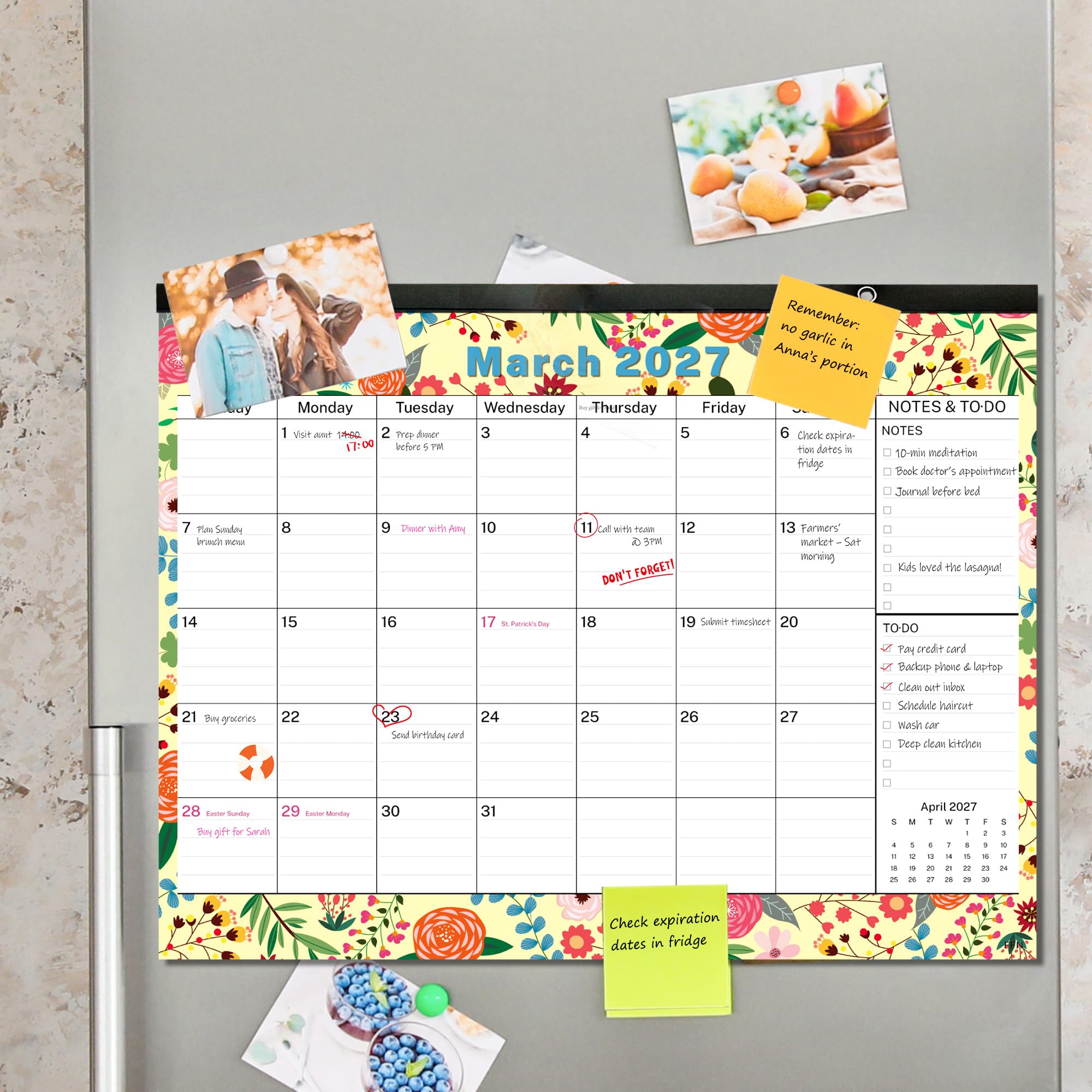 Calendario académico mensual grande de escritorio 2019-2020, diseño floral con imanes para nevera y pared, calendario grande de agosto de 2019 a diciembre de 2020, 17.3 x 13.2 pulgadas