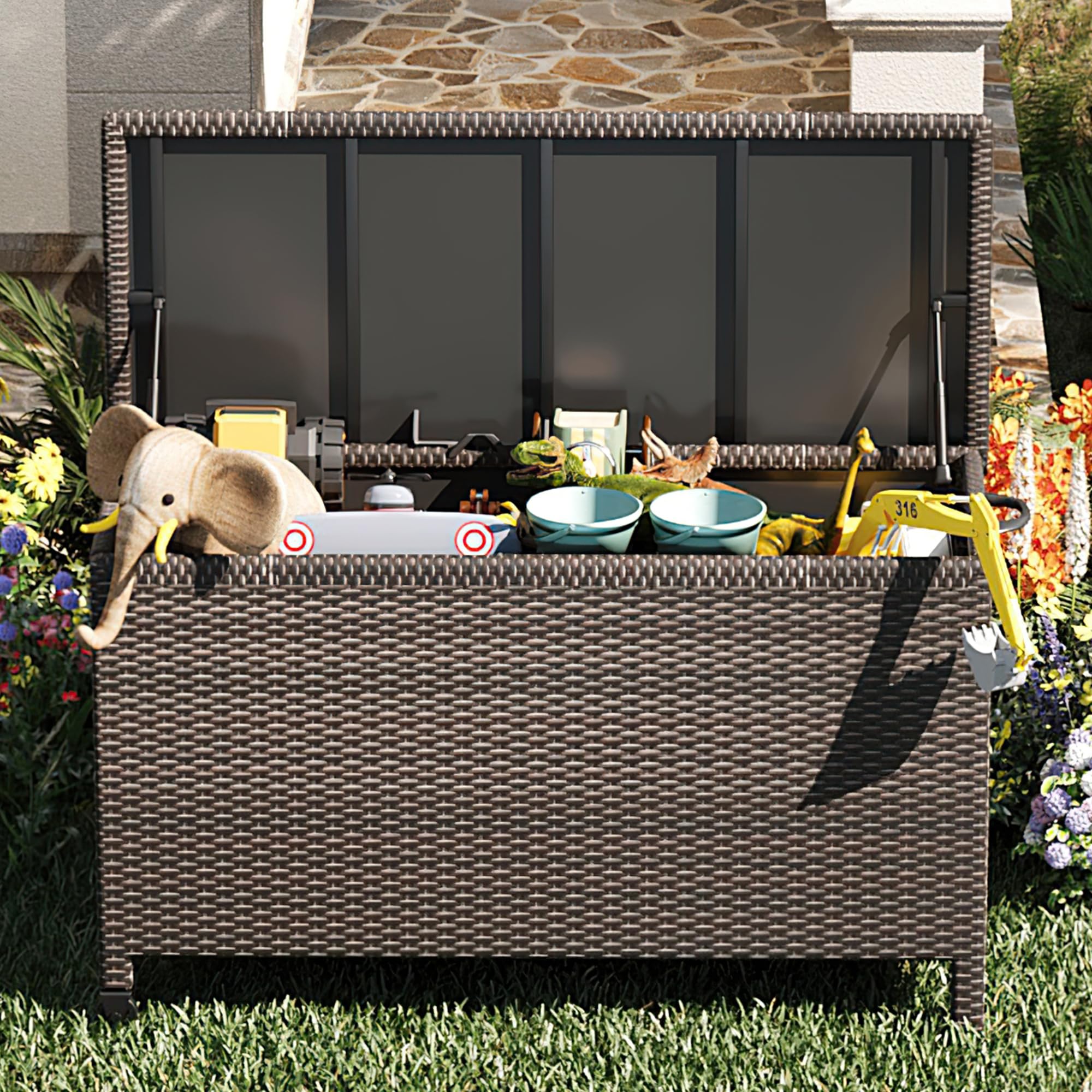 Litake 480L Aufbewahrungsbox für den Außenbereich, Große Terrassenbox Polyrattan Gartenbox wetterfest mit Deckel& Zwei Radern, Leicht Bewegen, Kissenbox für Garten/Balkon, 132x 55.5 x 64 cm,Braun