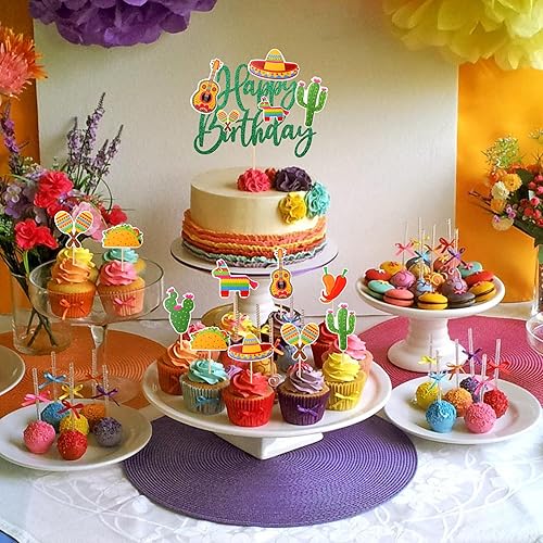 Miniatura 6 de 25 piezas de decoración mexicana para cupcakes, fiesta mexicana, feliz cumpleaños, cactus, burro, maraca, sombrero, guitarra, magdalenas, para