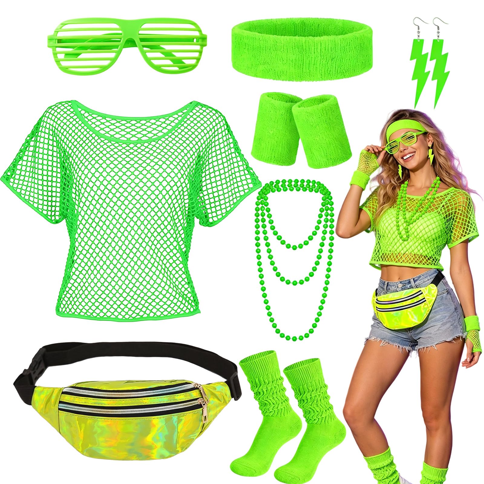 BORISCA 11PCS 80s Fancy Dress for Women Green 80s Accessories for Women