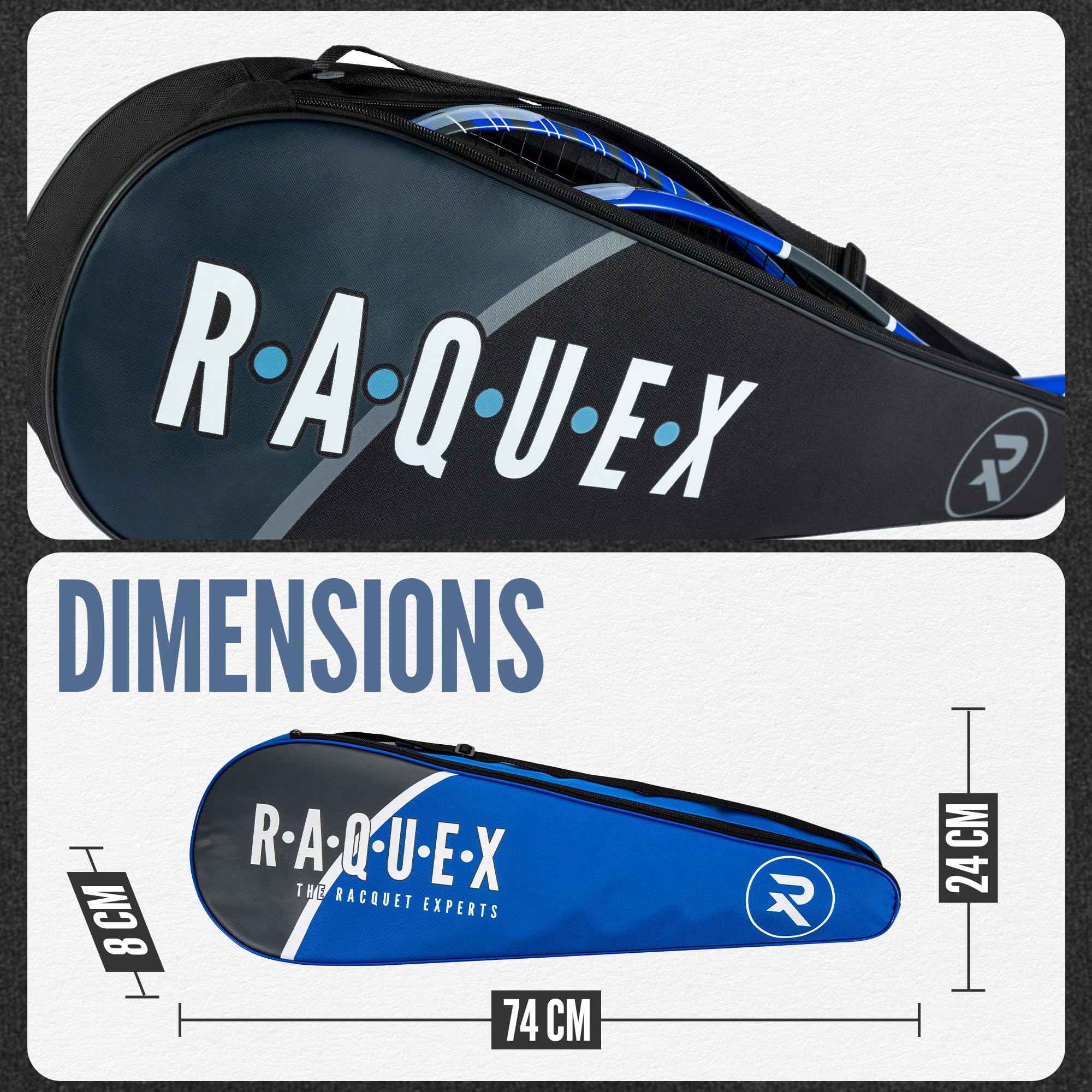 Sac à Raquettes Raquex – Pour 2 Raquettes (tennis, Squash, Badminton) – Bandoulière Réglable – Poche à Accessoires
