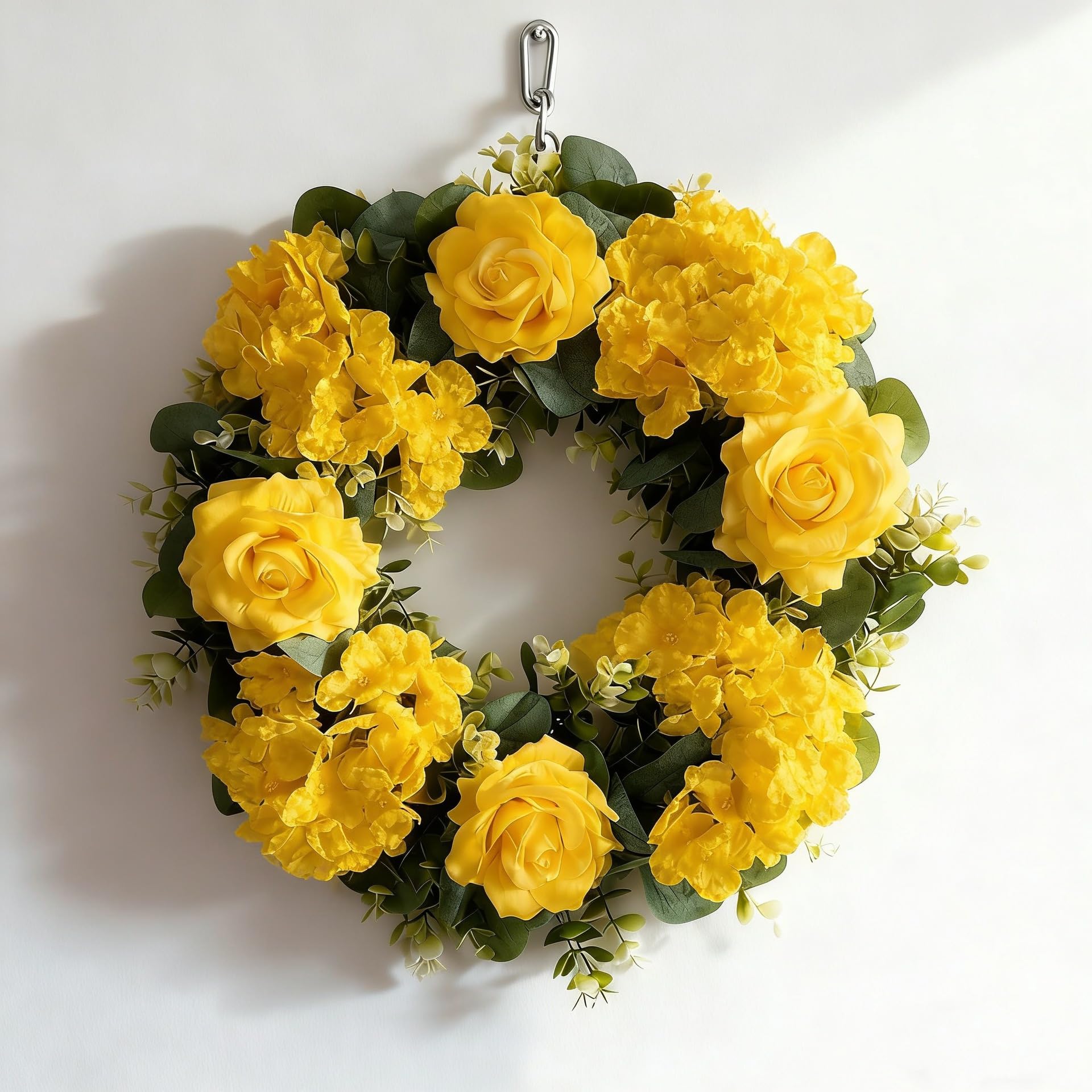 CALMUDHON Artificial Yellow Rose Hydrangea Wreath Spring Front Door Wreath Faux Eucalyptus Greenery Wreath for Farmhouse Wall Window Decor