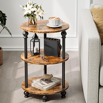 Small Round Side Table - 3 Tier Accent End Table for Narrow Spaces, Sturdy Metal Frame with Wood Finish and 44 Lbs Capacity per Shelf, Nightstand or Bedside Use for Living Room, Rustic Brown