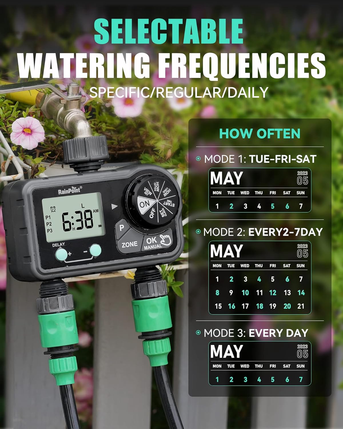 Diagram showing selectable watering frequencies: Specific, Regular, Daily
