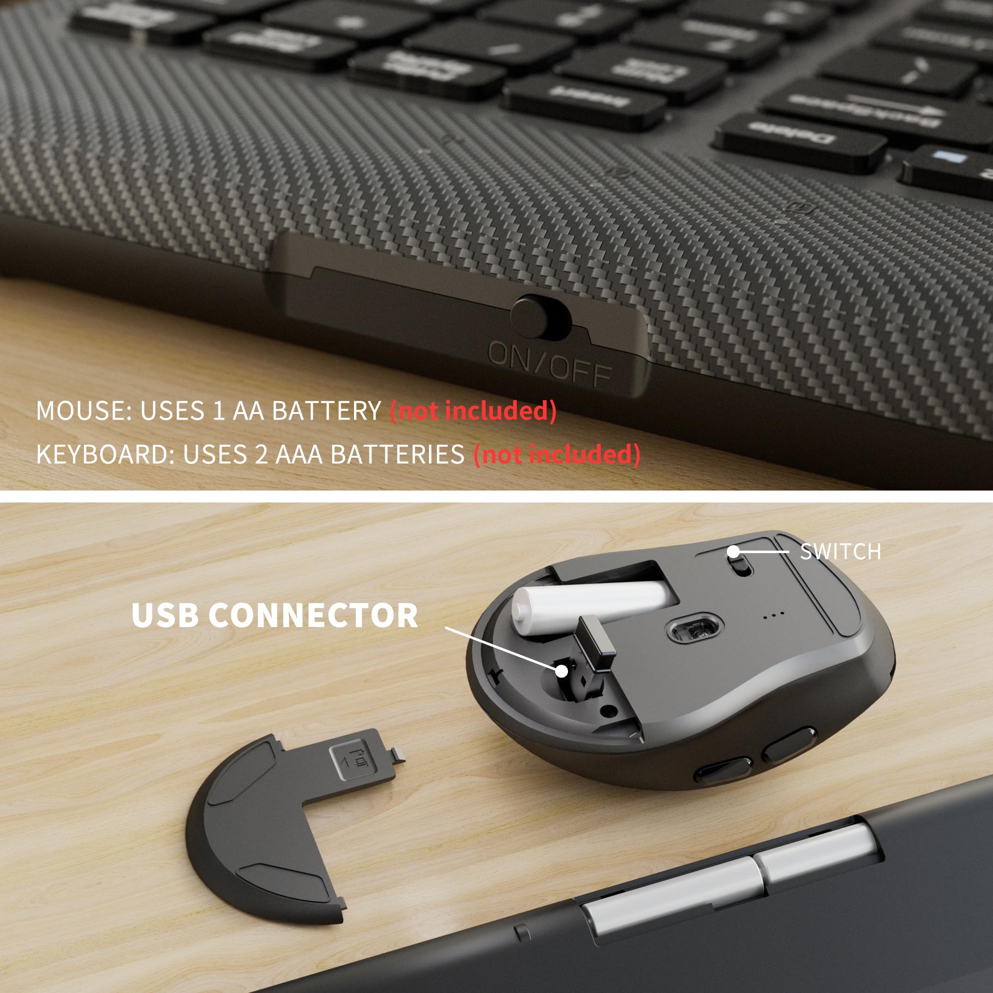 Teclado y mouse inalámbricos, mouse ergonómico con soporte para teléfono, teclado inalámbrico de 2.4 GHz para Mac, Windows, PC, portátil (negro)