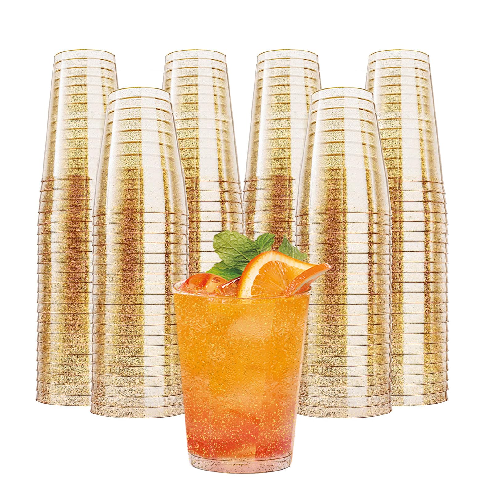 ZkateTrade 50 Stück Hartplastik Plastikbecher mit Goldglitter, 360ml Kunststoff Trinkbecher, Mehrweg Transparent Partybecher für Party, Hochzeiten, Geburtstag
