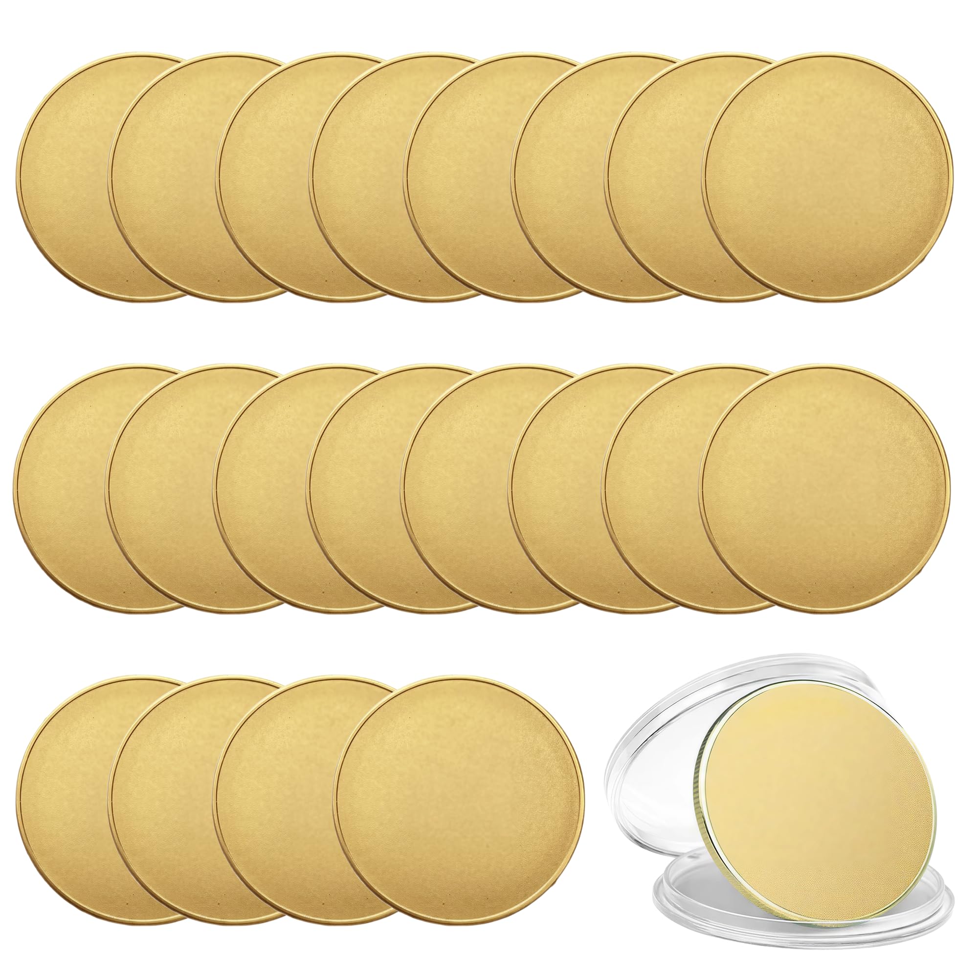 20 Stück Messing Rohlinge Münze: 40mm x 3mm Massiv Messingmünzen für Lasergravur & Stempel, Blanko Challenge Coin Set mit Acryl-Schutzhüllen, DIY Münzrohlinge für Gravurprojekte