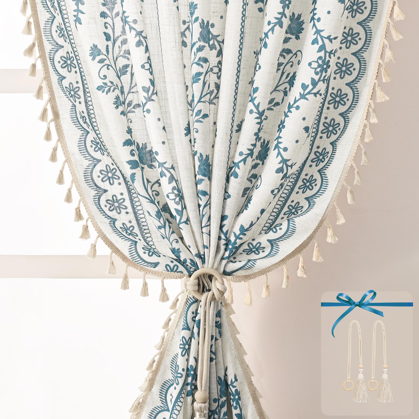 Yinhua Boho Curtains for Living Room 63 Inch Length Vintage Linen Curtains for Bedroom Light Filtering Floral Window Curtain Rod Pocket &amp; Back Tabs Rustic Tassel Drapes with Tiebacks, White Blue