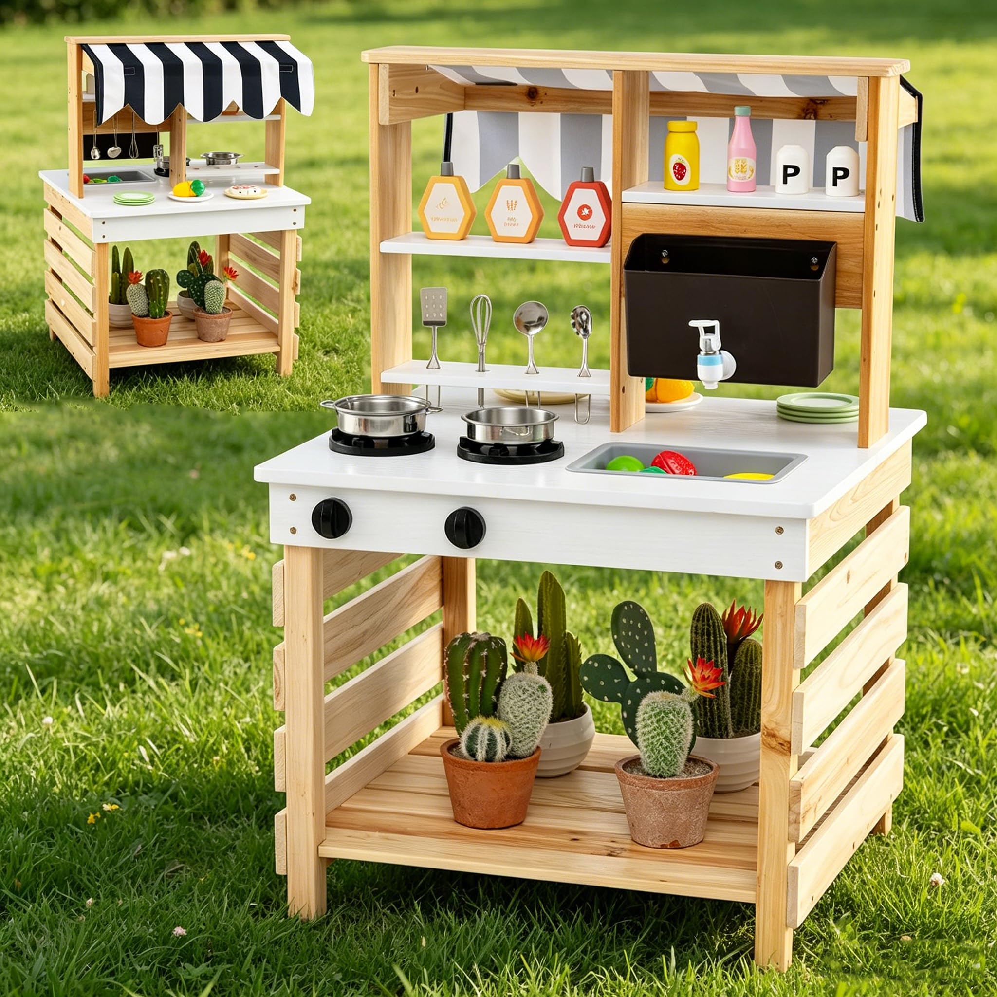 DREAMADE Matschküche Kinder Outdoor, Kinderküche aus Tannenholz mit Dach, Wassertank, Wasserhahn, Spülbecken, doppelseitige Spielküche mit 6 TLG. Zubehör, Outdoor Küche für Kinder ab 3 Jahren (Natur)