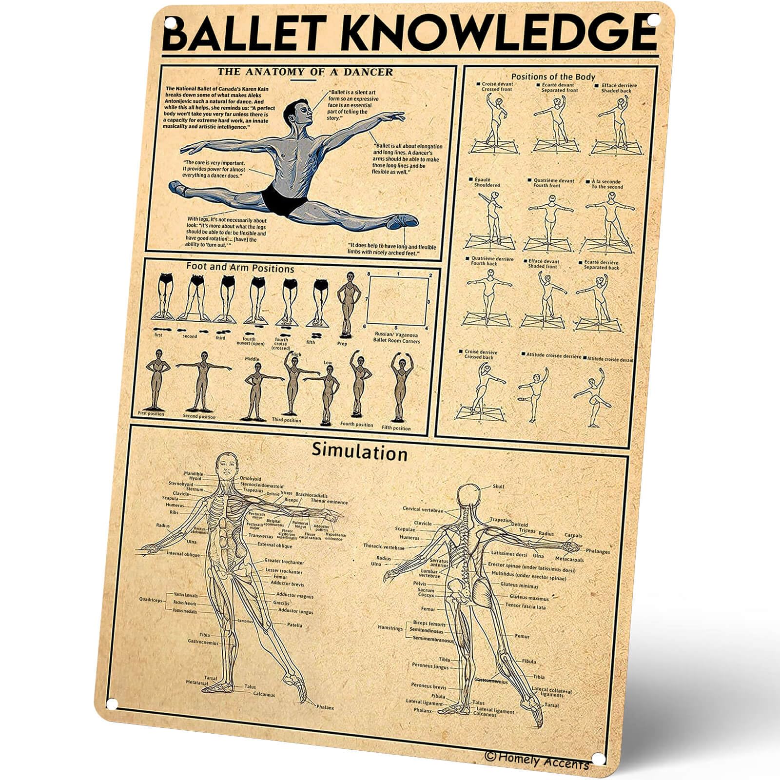 peiyeety Vintage Homely Accents Ballet Knowledge Studio Ballerina and Ballet Lovers Poster Metal Aluminium Tin Sign Wall Decor 8"x12"