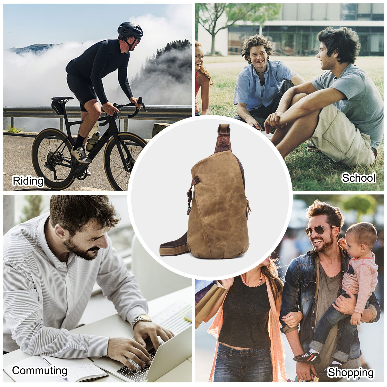 FANDARE Retrò Zaino Monospalla Tela Zaino Spalla Zaino Tracolla Uomo Borsa a tracolla Sling Bag Borsello a tracolla per Trekking Ciclismo Viaggio Piccolo Zainetto Cachi