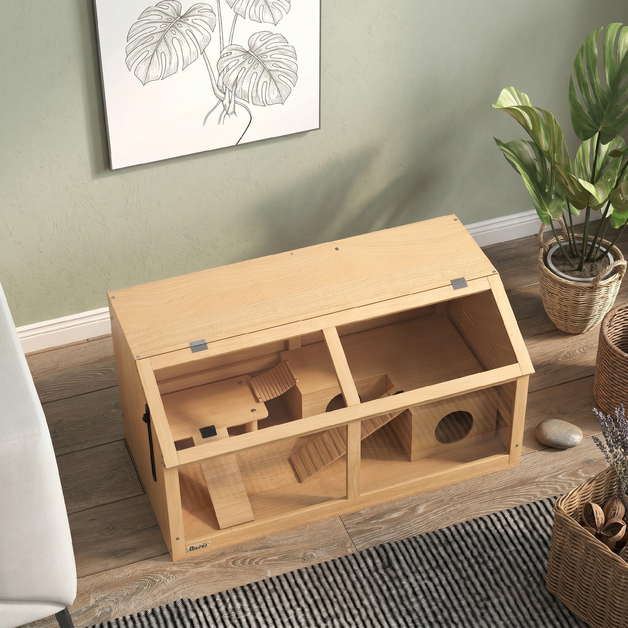 PawHut Cage Hamster en Bois avec Acrylique, Habitat spacieux pour Rongeur avec Ventilation, Accessoires et Couvercle ouvrant, Terrarium pour gerbilles et Souris, Effet Bois Naturel, 85x45x44cm
