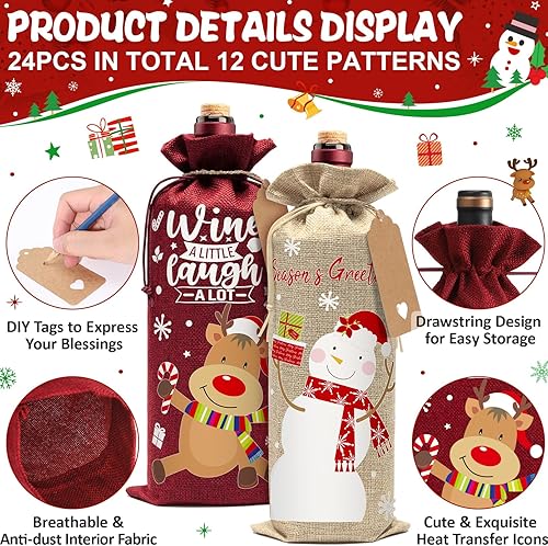 Miniatura 10 de 12 bolsas de vino de arpillera, bolsas de regalo de vino de Navidad para botellas de vino, bolsas de botellas de vino de Navidad con cordón, bolsas