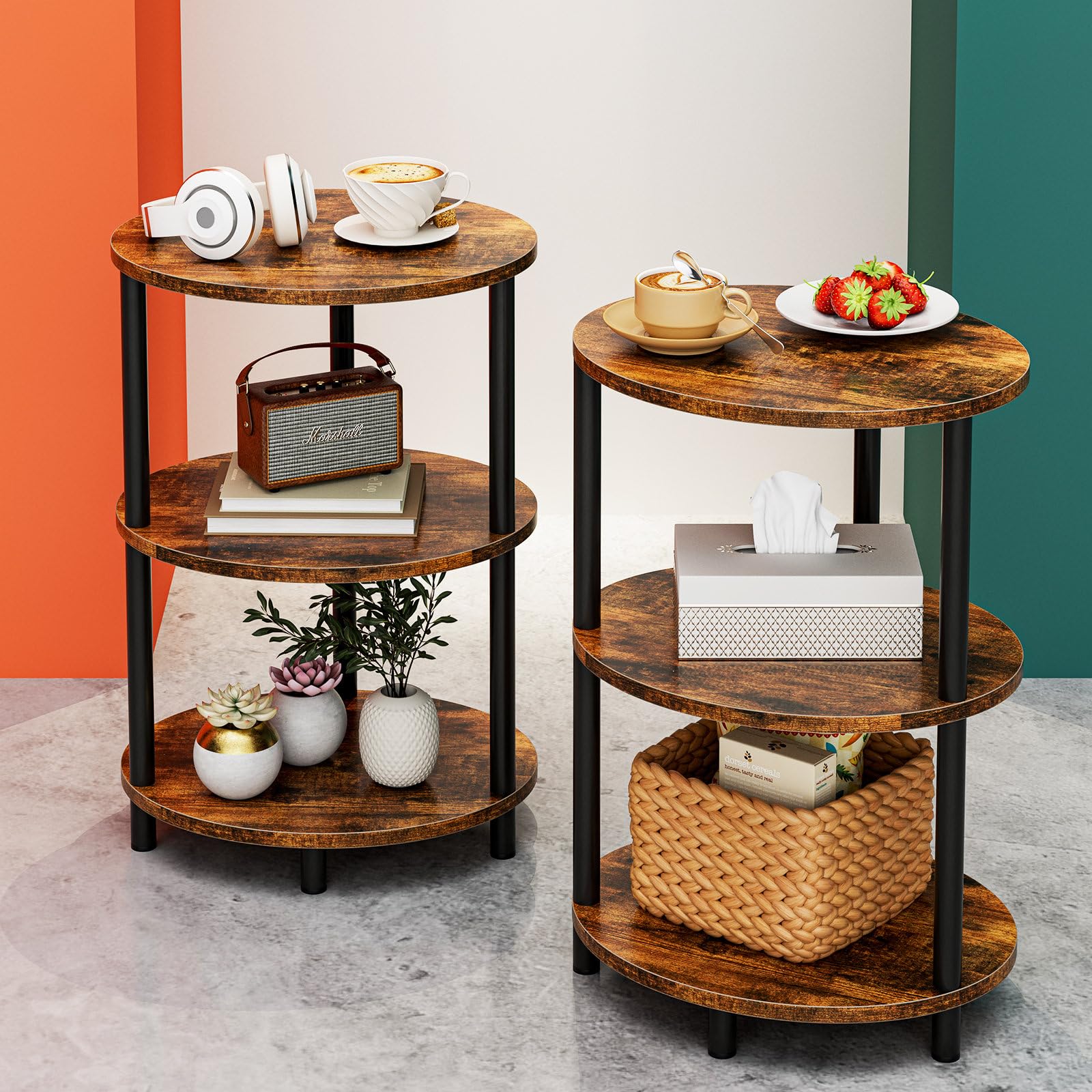 Photo 1 of RISWER Small Round Side Table - 3-Tier Oval Accent Table for Small Spaces, Rustic Wood and Metal Couch End Table, Nightstand for Bedroom or End Table Living Room, Set of 2, Rustic Brown
