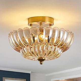 12‘’Semi Flush Mount Ceiling Light-3-Light Vintage Crystal Glass with Go...