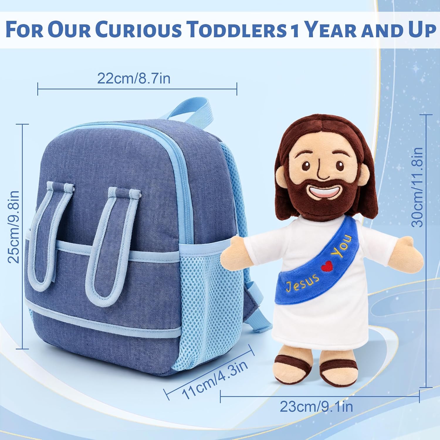 Yelakey Toddler Backpack Jesus Plush Bag with Jesus Doll Take-Along Toy for Boys Girls Travel Birthday Gift
