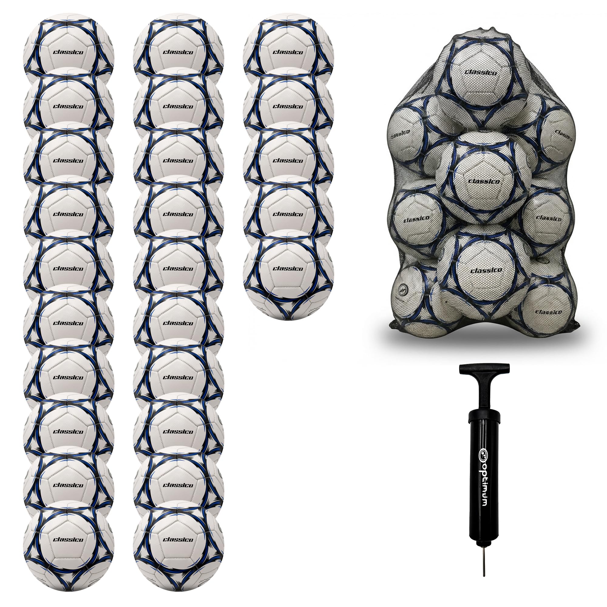 Optimum Sport Classico Football Bulk Pack with Bag & Ball Pump for Indoor/Outdoor Training & Matches, Durable Valve for Consistent Flight & Lasting Air Retention โ 25 Pack, Size 4, White/Black/Blue โ image 1