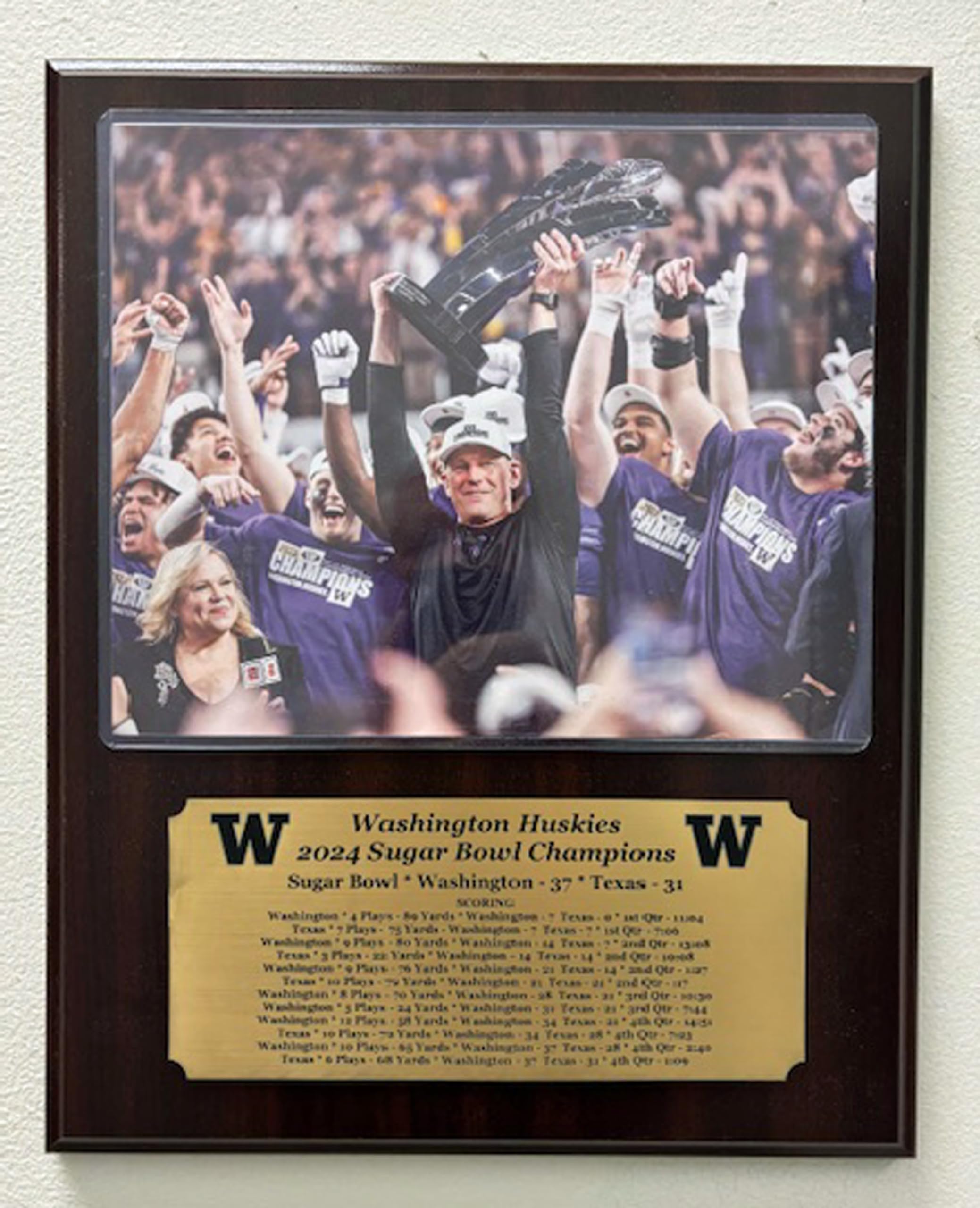 Washington Huskies 2024 Sugar Bowl Champions 8x10 Photo Plaque with Engraved Nameplate - Optional plaque color (Mahogany)