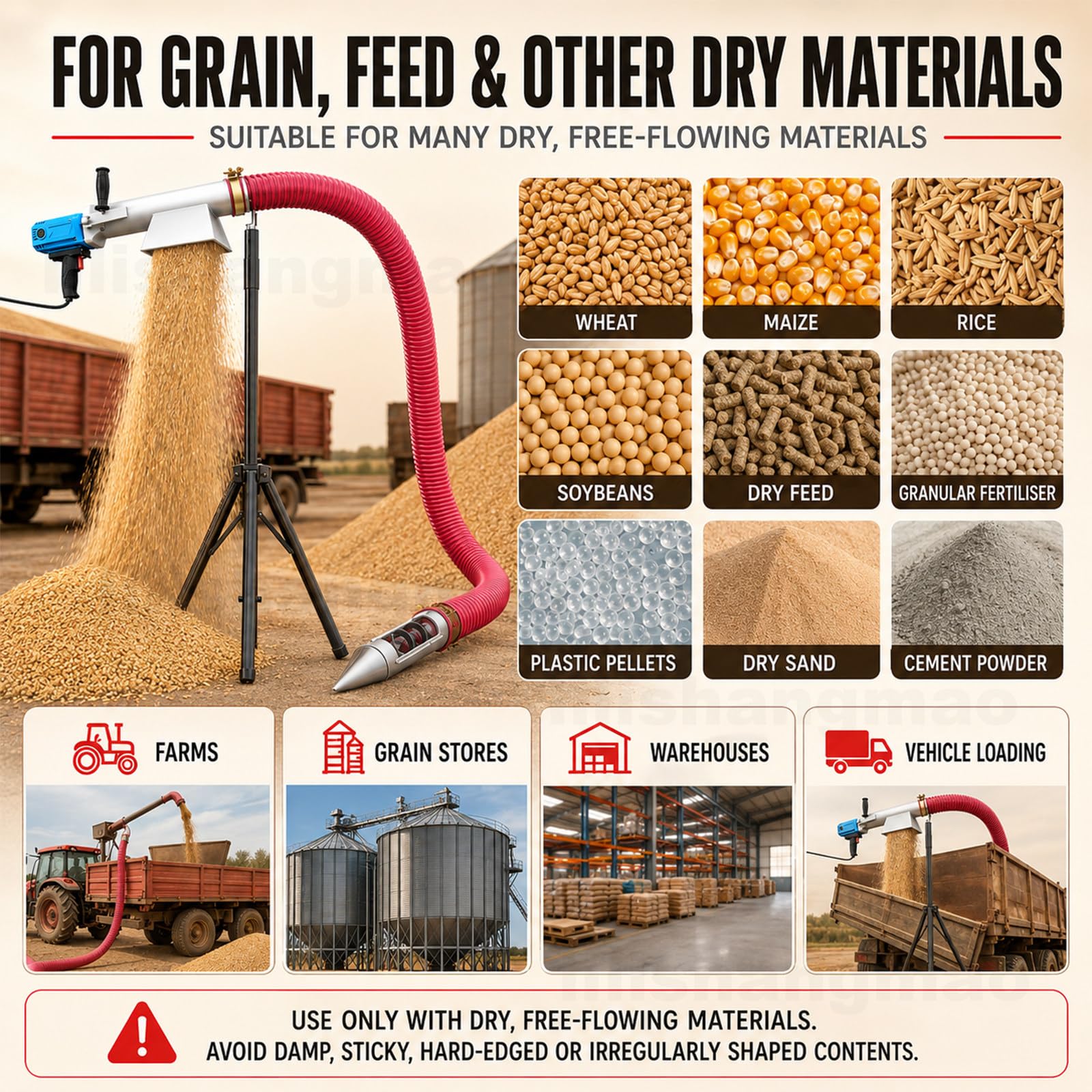 Pompa Aspirazione Cereali Portatile con Motore 2800W 5m | Coclea Flessibile Per Cereali, Mangimi, Fertilizzante, Pellet Plastici, Sabbia Asciutta E Polveri Compatibili