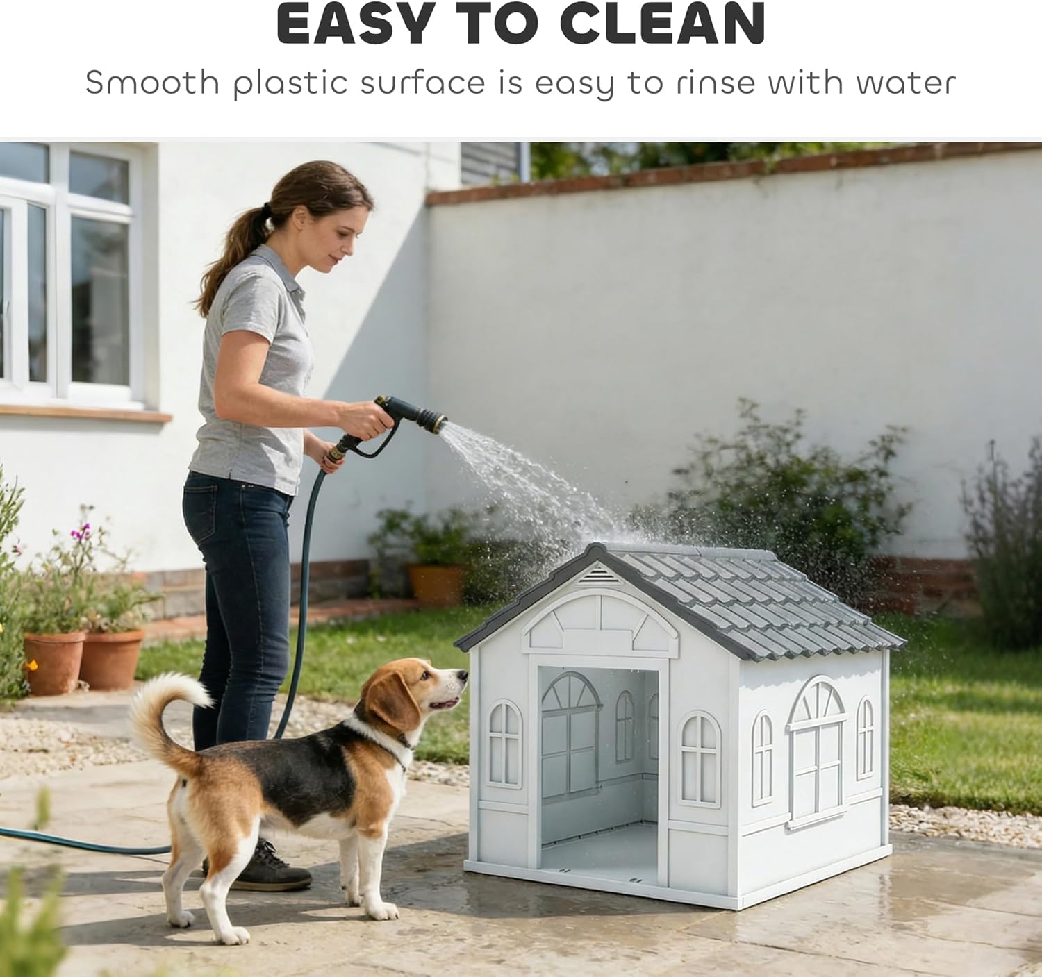 PawHut Plastic Dog House for Medium and Small Dogs, Water Resistant Puppy Shelter Indoor Outdoor with Door, Easy to Assemble, Gray