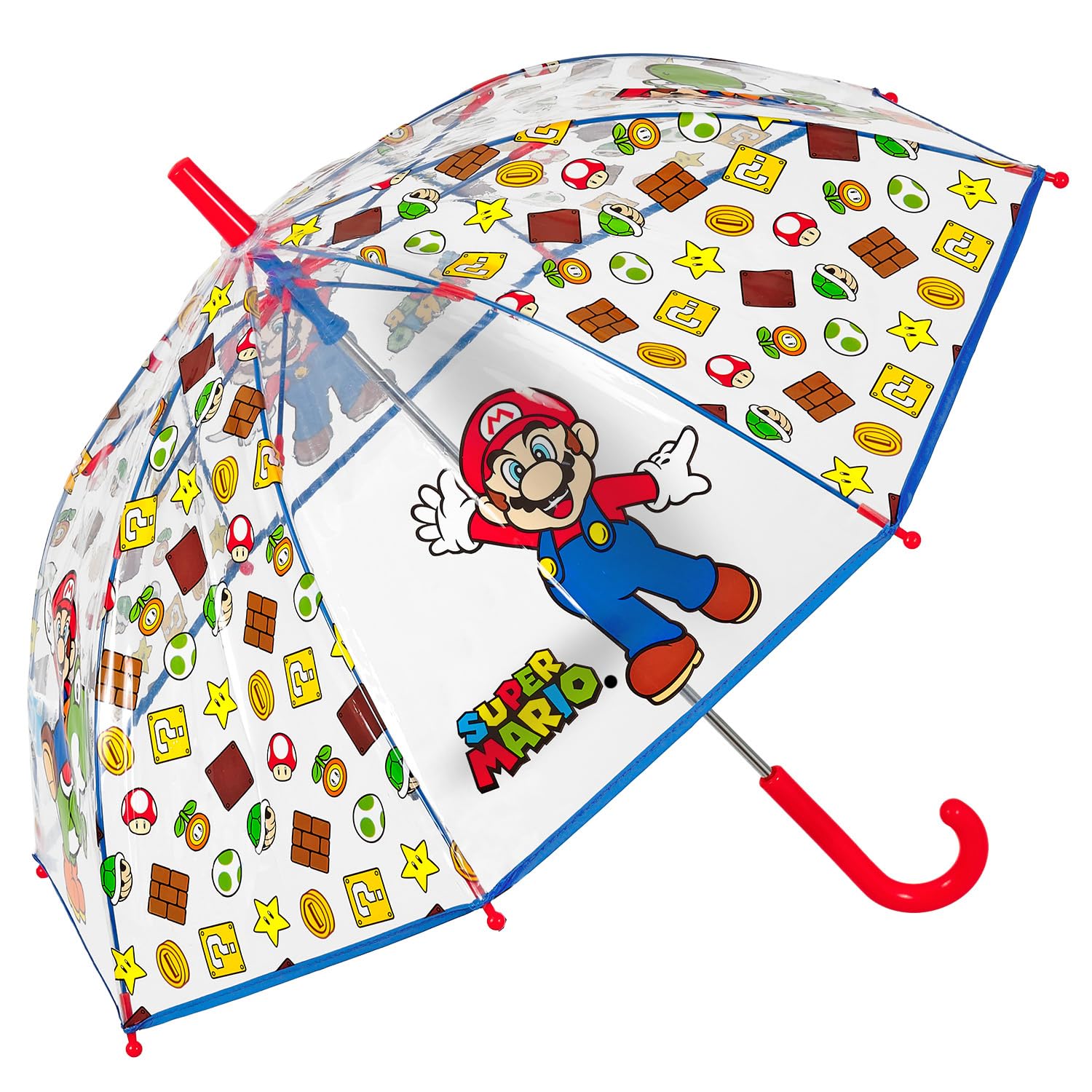 PERLETTI Ombrello Trasparente Super Mario Bambino 3 4 5 6 Anni - Ombrellino Bimbo Scuola Materna Apertura Manuale di Sicurezza - Ombrello Antivento Lungo Ultra Leggero Bambini - Diametro 69 cm