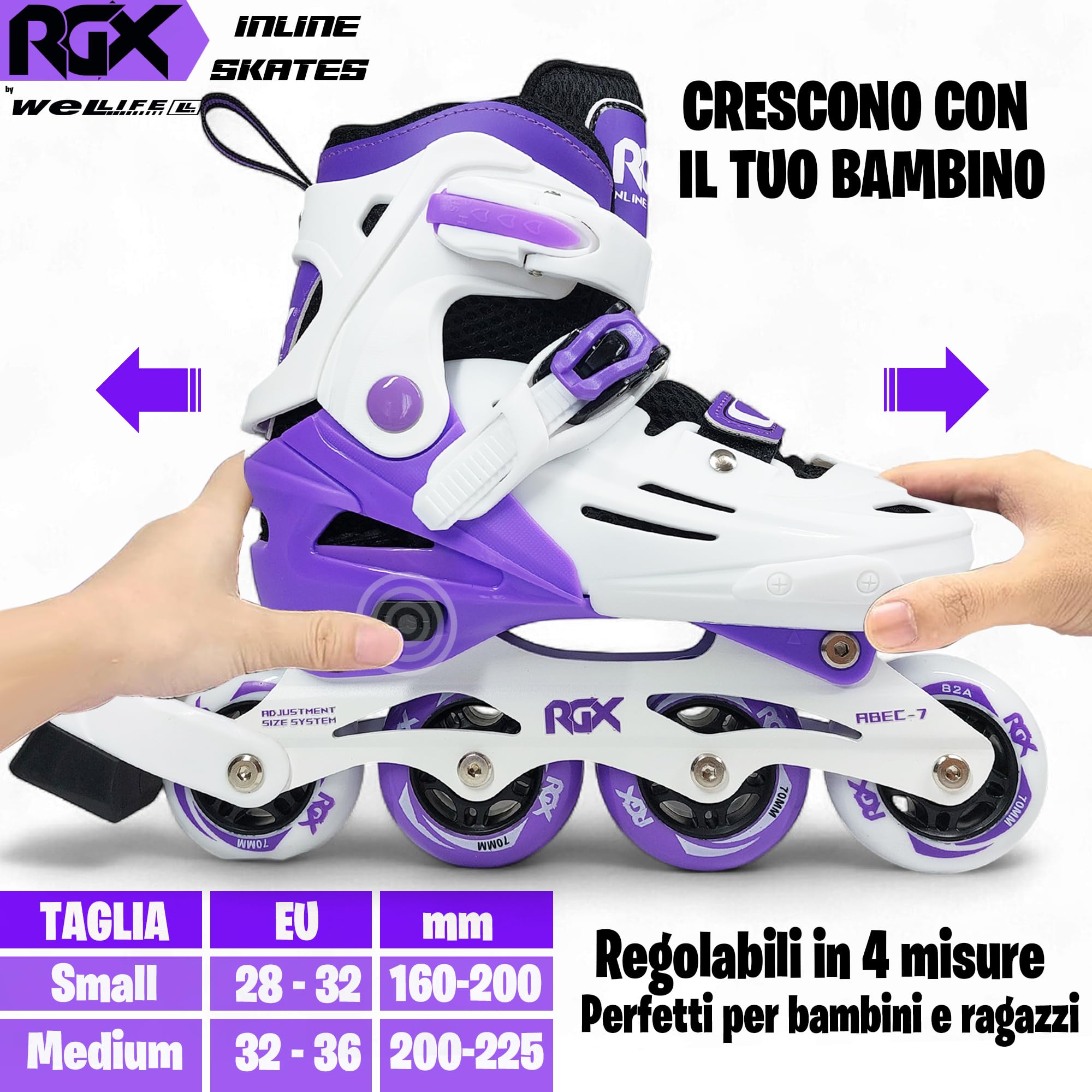 WeLLIFE RGX Line Pattini in Linea Bambina e Bambino Regolabili 4 Misure, Doppia Configurazione Ruote, Guscio Rigido, Piastra Alluminio, Cuscinetti ABEC-7