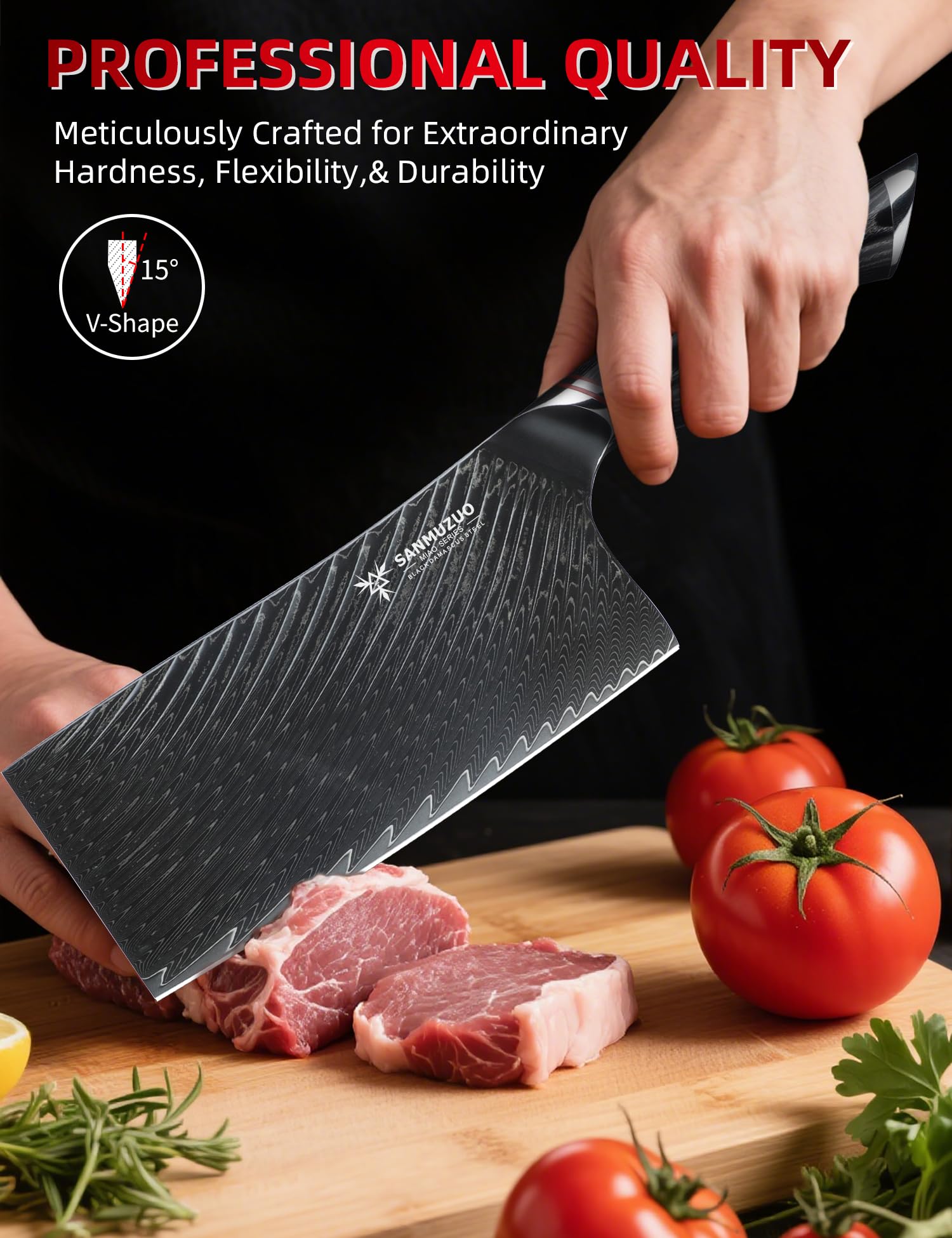 Coltello da macellaio da 18 CM - Coltello da cucina Cinese per verdure - Acciaio Damasco nero con manico ergonomico - Serie MIAO