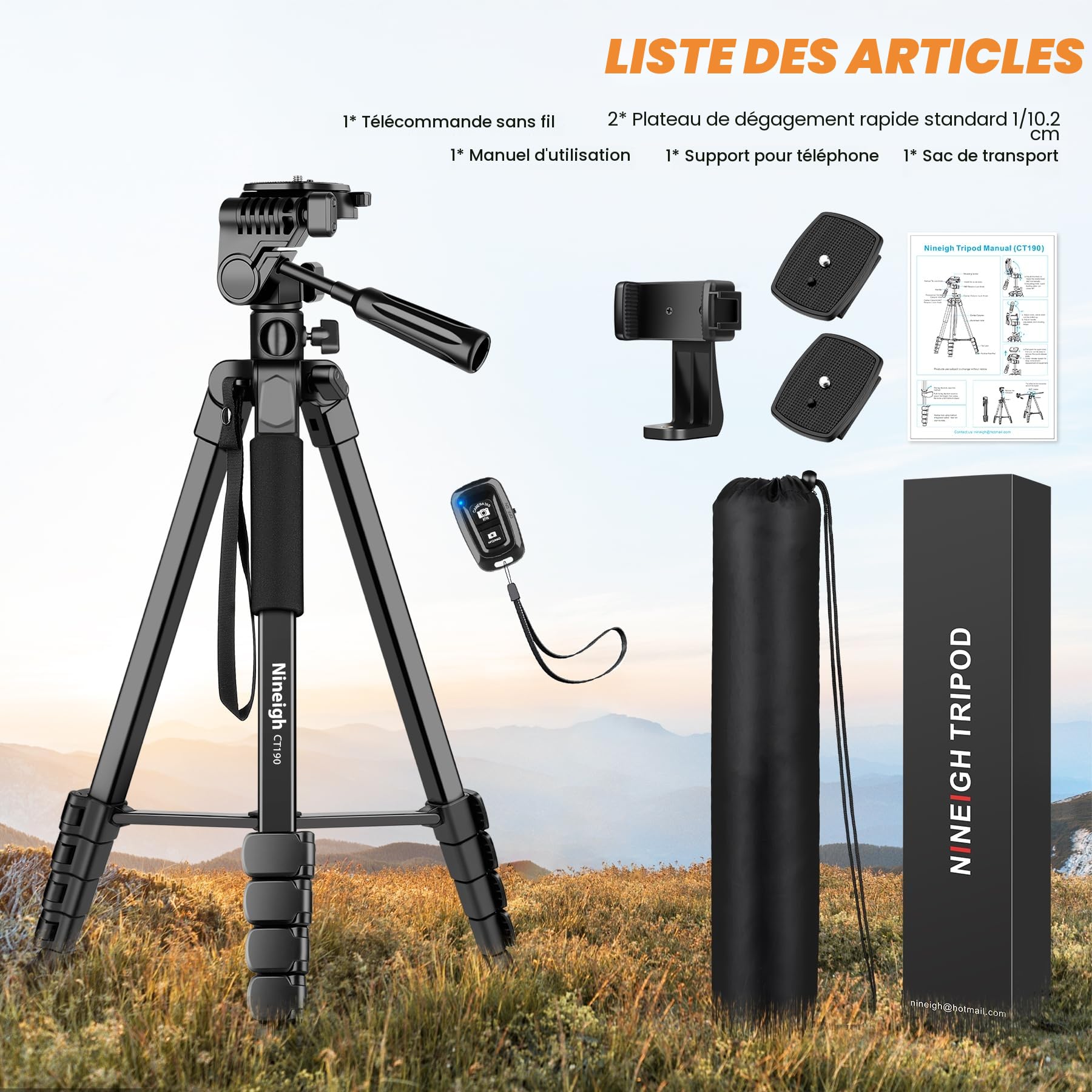 Nineigh Trepied Appareil Photo,190cm Trepied Smartphone avec Bras Télescopique Horizontal, Aluminium Trépied Caméra avec Télécommande pour iPhone, Samsung, Huawei,Caméra légère