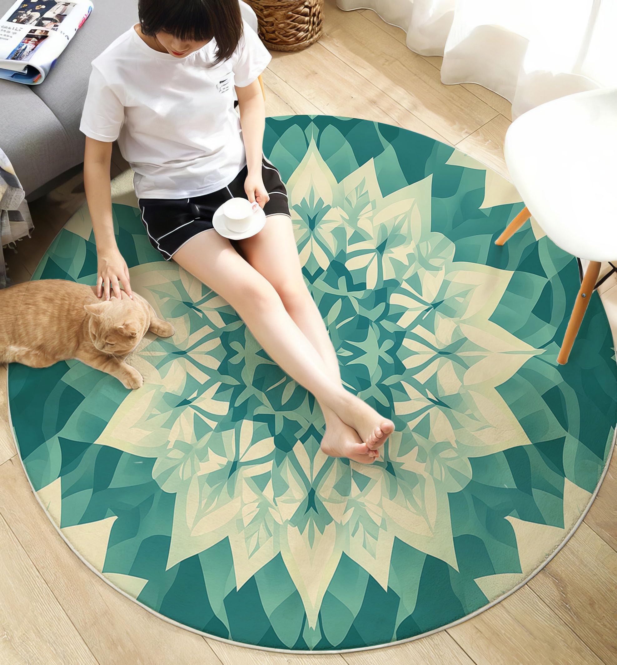 Tapis Poil Ras Rond Art Géométrique Tapis Rond Mandala Doux et antidérapant - Lavable en Machine - pour Salon, Chambre à Coucher, Salle à Manger, 180cm, Bleu-Vert