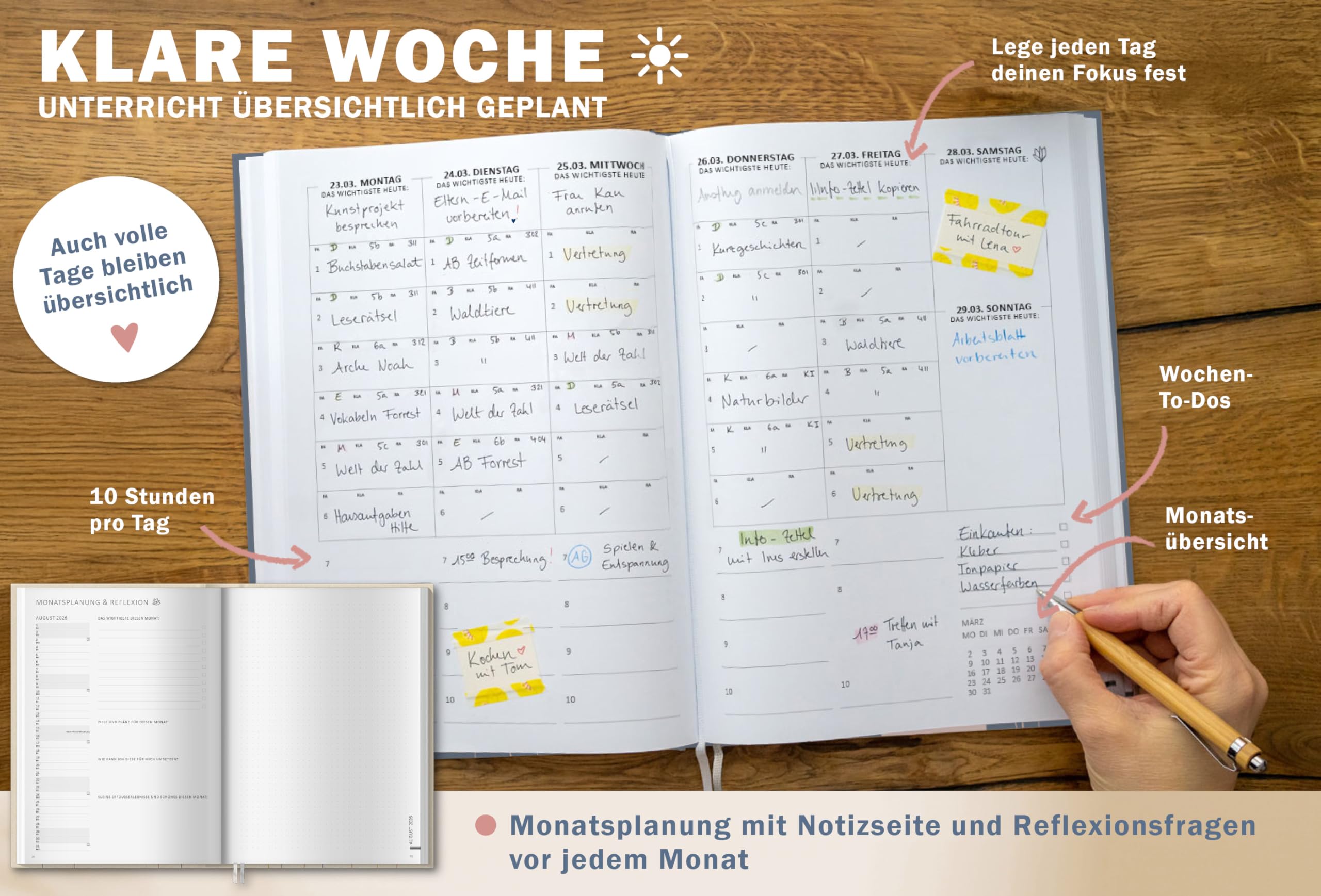 Eine der Guten Lehrerkalender 2026/2027 A4 Hardcover – Lehrerplaner Schuljahr 2026 2027 | 2 Lesebänder, Notenlisten & Klassenlisten | nachhaltig, FSC-Papier, klimaneutral | Blau Rosa Blumen