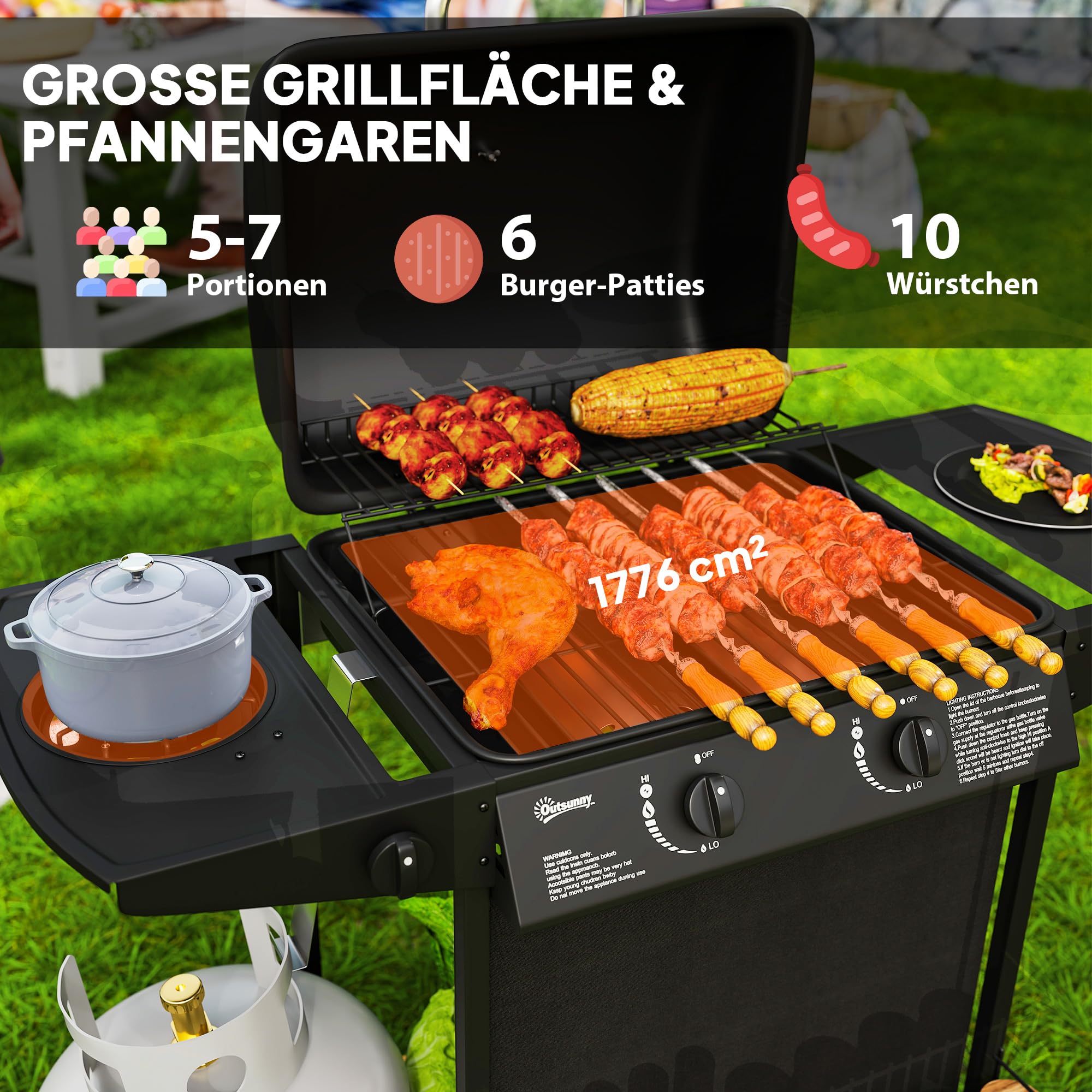 Outsunny Gasgrill 7 KW BBQ 3 Brenner Seitenkocher 107 x 54 x 96 cm | Gartengrill, Rolle, 2 Heizzonen, Druckminderer, Deckel Thermometer, Seitenablagen, Gasschlauch, Grillwagen, Grill, Balkon