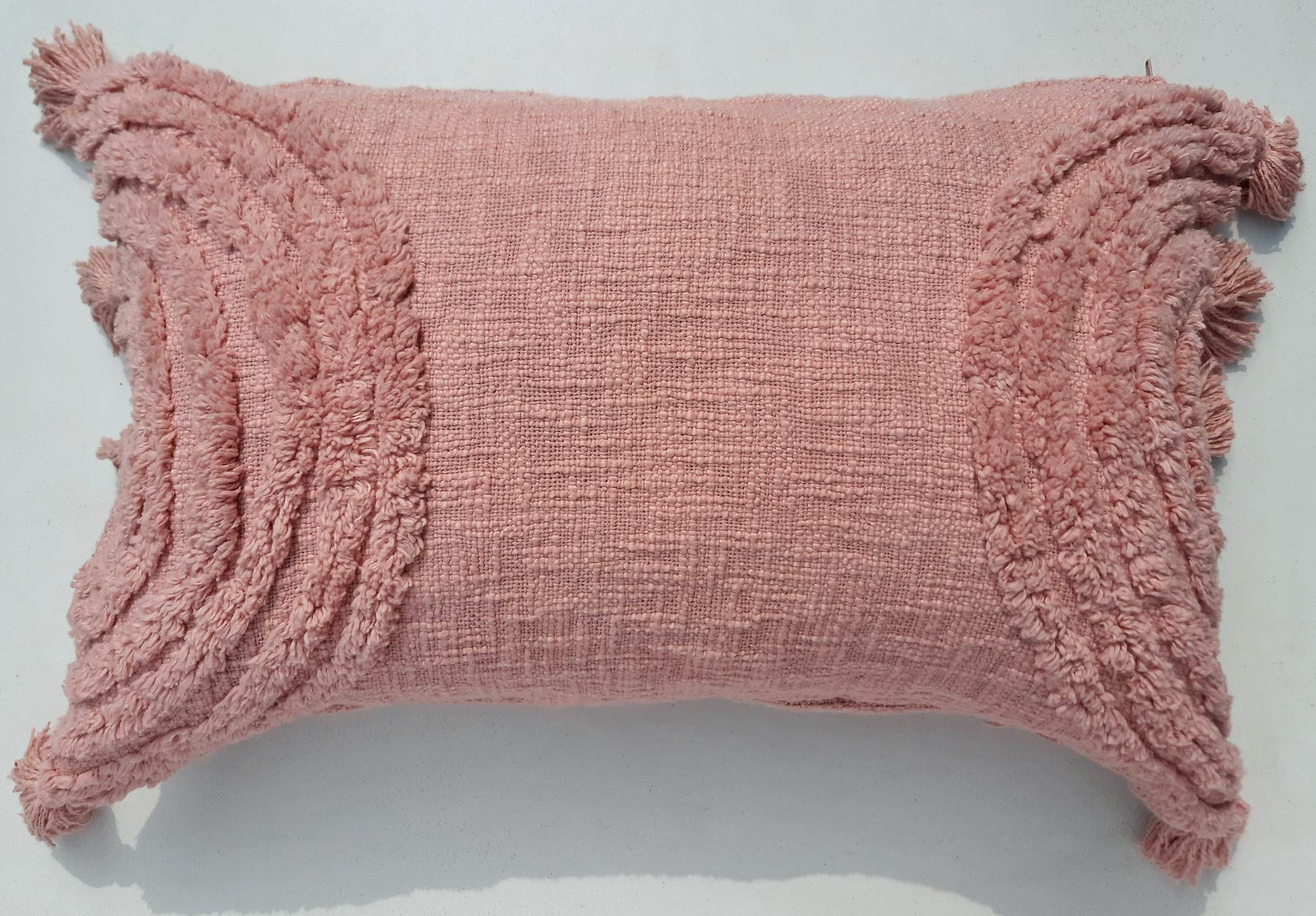 pepme Cotton Tufted Pillow Cushion Cover Hand-Woven Knitted, Tassels, Side Rainbow for Living Room, Sofa, Chair (Pink, 24x16 Inches, Tufted)