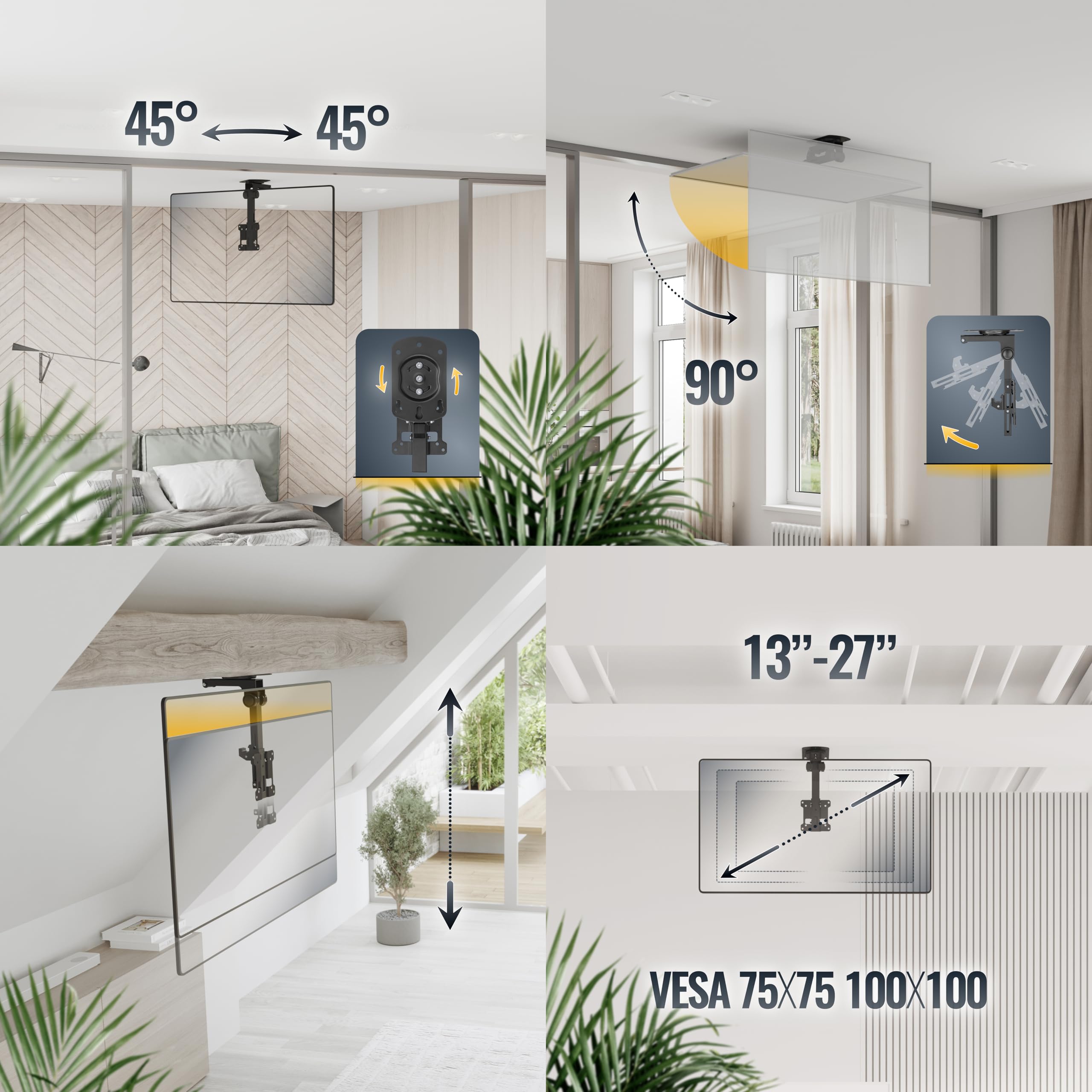 RICOO Supporto a Soffitto D0411 - Staffa Monitor Girevole e Inclinabile, Montaggio a Soffitto, Braccio Monitor di Alta Qualità, max. VESA 100x100